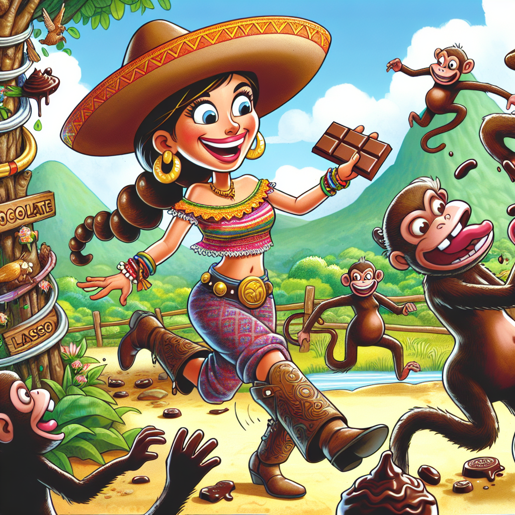 A cartoon scene is set in a vibrant Thai landscape, dotted with interesting chocolate sculptures. The star of the scene is a jovial cowgirl of Hispanic descent who is participating in a playful 'chocolate lasso' contest with the local wildlife. She is wearing traditional Thai accessories that blend with her cowgirl attire, creating a unique fusion of rustic and exotic. She's caught up in a humorous situation as the local mischievous monkeys, distinctive in their visual representation, steal chocolates from the contest. This lighthearted scenario turns into a fun-filled chocolate chase.
Generated with these themes: Chocolate , Cowgirl , and Thailand .
Made with ❤️ by AI.