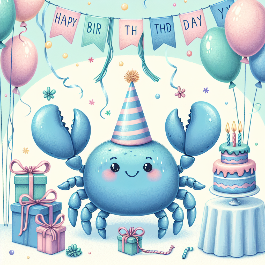 Create a whimsical illustration of a cheerful blue crab wearing a tiny pointed party hat. Position the crab in the center of a festive birthday scene with an array of colorful balloons and streamers hanging in the background. Include a small table holding a miniature birthday cake, decorated with lit candles. Place several wrapped gifts next to the crab, emphasizing its multiple legs. Use a pastel color palette for the overall scene to highlight the joyous atmosphere.
Generated with these themes: A blue crab having a birthday party.
Made with ❤️ by AI.