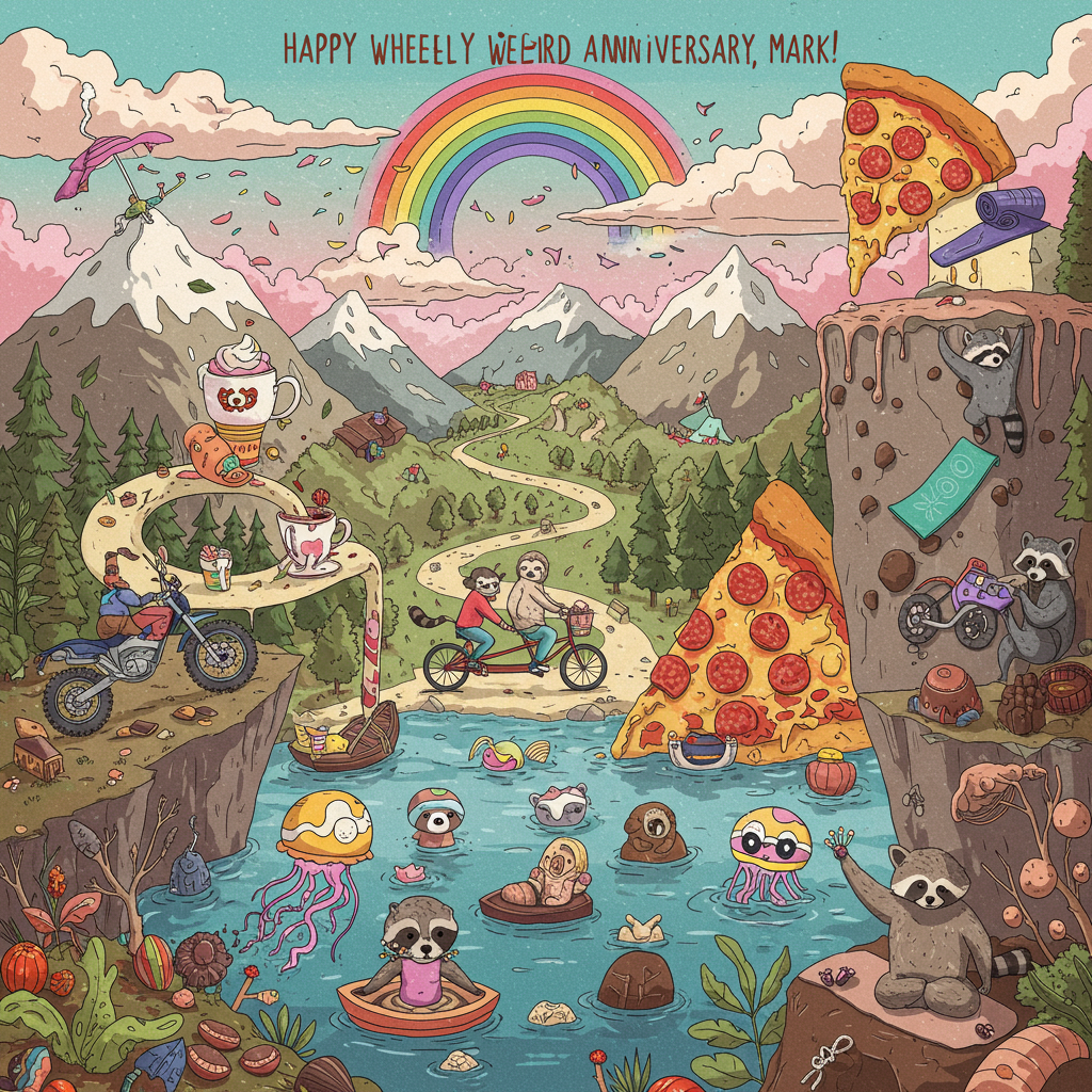**Image Prompt (Surreal Anniversary Illustration):**

At the top of the illustration image, _“Happy Wheel-y Weird Anniversary, Mark!”_

Create a vibrant and surreal illustrated scene set in a whimsical dreamscape where towering rainbow-colored mountains curve like spirals of soft-serve ice cream. A winding mountain path hosts a tandem bicycle pedaled by two yoga-posing sloths in lotus position, balancing cups of molten chocolate. Below them, a lake of fizzy cola is home to synchronized-swimming jellyfish wearing vintage swim caps, twirling around a giant slice of pepperoni pizza floating like a lifeboat.

Near the base of the mountains, oversized motorbikes carved from dark chocolate race along twisty trails made of granola, with raccoon pit crews wearing “Fall Out Boy Tour 2005” hoodies. Towering cliff faces made of melting vinyl records host surreal boulderers: raccoons in spandex suits hanging by one paw while munching on mini truffle bars. Leaves shaped like guitar picks fall gently from a sky swirling with pizza-scented clouds, as yoga mats unroll themselves across the mountain peaks.

A surreal, psychedelic blend of love, adventure, adrenaline, cheese, and a bass line that just won’t quit—because anniversaries with Mark are never ordinary.
Generated with these themes: Mountains, Cycling, Yoga, Pizza, Motorbikes, Swimming, Bouldering , Chocolate, Fall Out Boy, and .
Made with ❤️ by AI.
