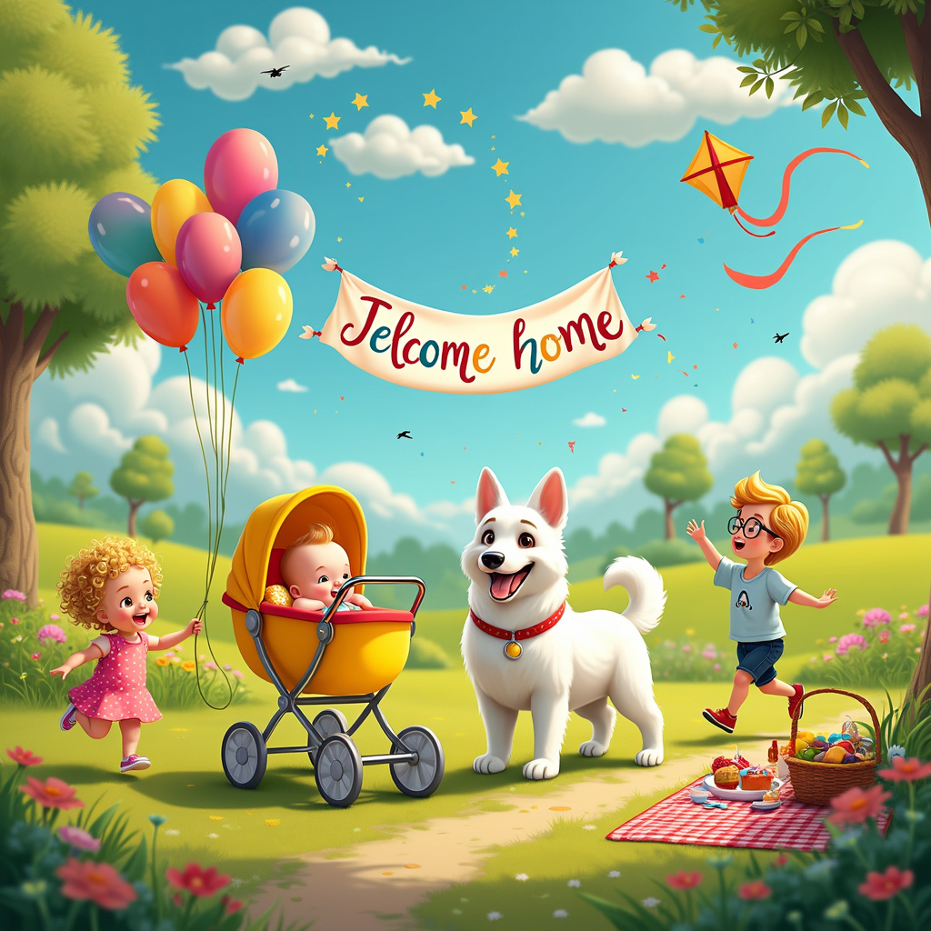 The scene opens in a whimsical, bright park full of vibrant colors, with a bold, sunny sky filled with fluffy white clouds. At the center of the scene is a tiny baby with an oxygen tank, sitting in a radiant yellow baby stroller adorned with colorful balloons. The baby has a small, adorable smile and a curious expression, with one hand reaching out towards the balloons. The oxygen tank is painted with playful patterns and sits securely on a small, sturdy platform attached to the stroller.

Beside the stroller, there’s a majestic White German Shepherd standing proudly, its fur meticulously detailed to show a sleek, shiny coat. The dog has a gentle but protective stance, with a red collar and a small, heart-shaped tag.

On the left side of the scene, a little girl with blonde curly hair is skipping joyfully, her curls bouncing with each step. She’s wearing a bright pink dress with tiny white polka dots, and her hands are holding a big, cheerful “Welcome Home” banner that reads "Juno is home" in colorful, handwritten letters. The letters are surrounded by stars and sparkles, adding a touch of magic to the scene.

To the right, a little boy with blonde hair and glasses is flying a kite. The kite, shaped like a butterfly, is soaring high with long, flowing tails that flutter in the wind. The boy is wearing a light blue t-shirt with a rocket ship graphic and denim shorts. His face beams with excitement as he looks up at the kite.

In the background, there are rolling green hills dotted with wildflowers and a picturesque picnic setup with a red-and-white checkered blanket, a basket, and some delicious-looking snacks. Trees with lush green leaves are scattered around, providing shade and a sense of depth to the scene.

Above, in the sky, the clouds form the words "Juno is home," with the letters playfully merging with the cloud shapes. A few birds are flying around, adding to the lively atmosphere.

Overall, the scene is rich with detail and tells a heartwarming story of joy, protection, and celebration, creatively incorporating all the themes and characters in a cohesive and visually engaging way.
Generated with these themes: Tiny baby with oxygen tank, White German shepherd , Little girl with blonde curly hair, and Little boy with blonde hair and glasses.
Made with ❤️ by AI.