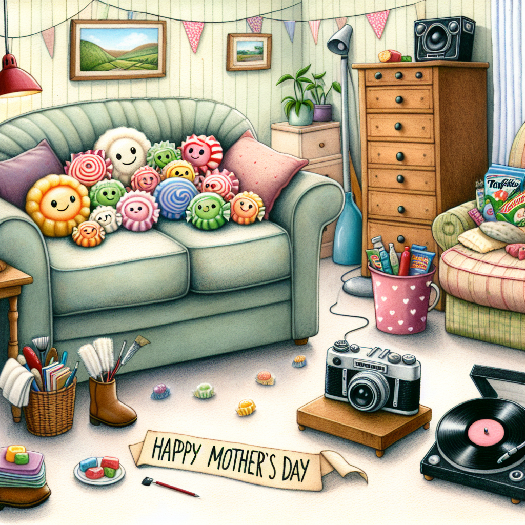 A whimsical illustration in a Mother's Day theme showing a comfortable living room setting. A comfortable sofa houses an endearing assortment of quirky, plush candies (resembling Tangfastics) nestled among soft cushions, suggesting joyous cosiness. A vintage camera rests on a co-located coffee table, its polished surface gleaming under the inviting room light, symbolising beloved moments captured through photography. Vinyl records and a traditional record player fill one corner, their gentle music permeating the room. In the backdrop, cleaning implements are organised neatly against the wall, symbolizing the order and care often provided by mothers.
Generated with these themes: Photography, Tangfastics, Cuddles, Music, and Cleaning.
Made with ❤️ by AI.