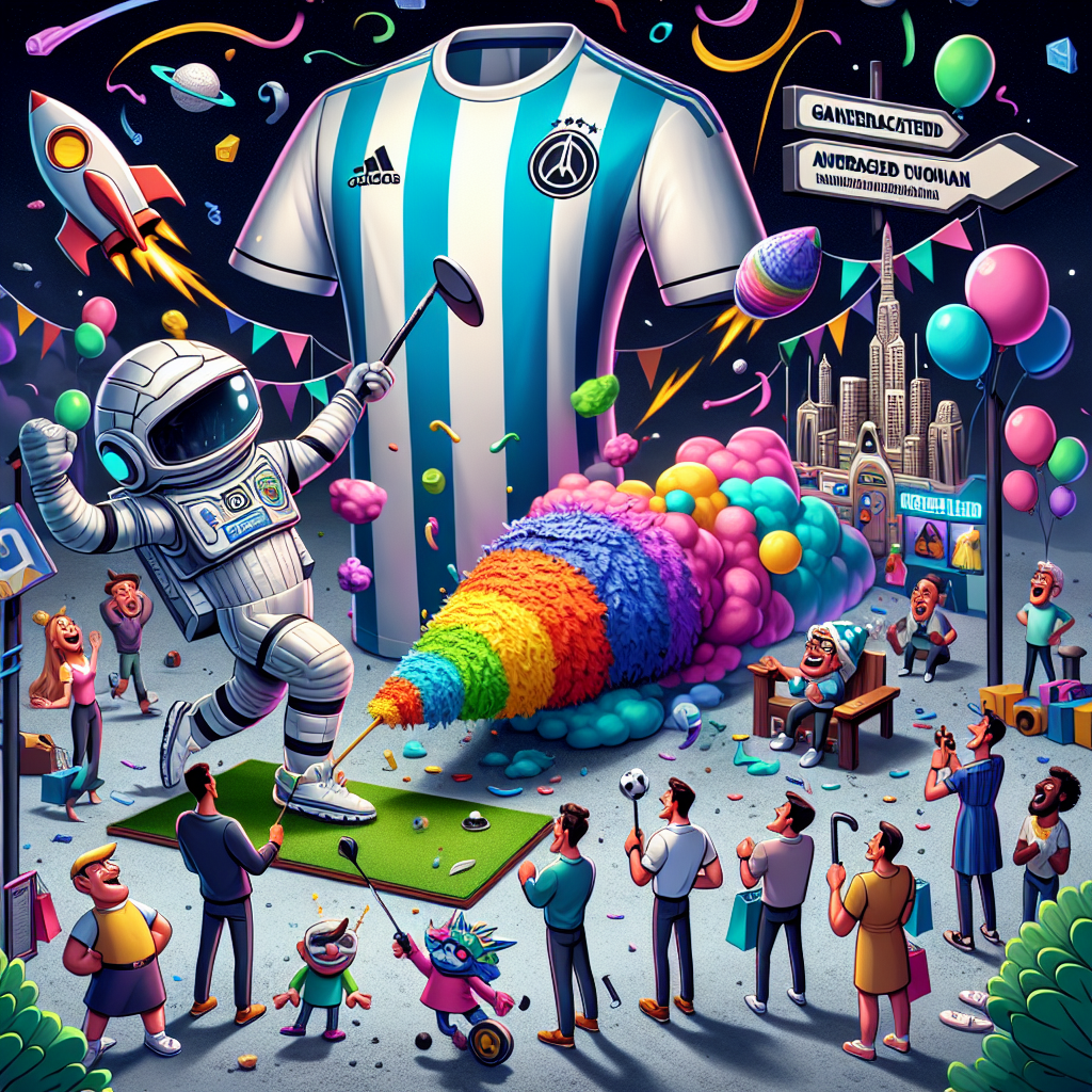 A dynamic and colorful cartoon birthday party setting reveals a funnily large jersey of a generic football club sprawling behind. The central character, an average golfer, is gleefully trying to strike a space station-styled piñata. Whimsical clouds of multicolor fog emanate from a conspicuously large and novel vaporizing gadget positioned in one corner. Animated personifications of generalized space adventure characters are seen interacting with the crowd, sharing amusing anecdotes from their supposed space exploits. The pedestrian route, encircling the celebration venue, is spotted with celebratory balloons and comical direction signs pointing towards diversified themed activities.
Generated with these themes: Liverpool football club , Golf, Vaping, Starwars, and Walking.
Made with ❤️ by AI.
