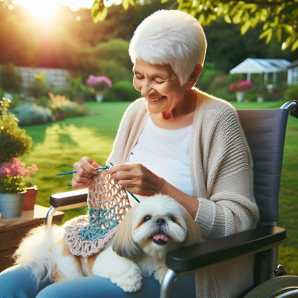 Create a heartwarming image showcasing a serene garden brimming with life. In this tranquil setting, an elderly Caucasian woman with short white hair enjoys the afternoon sunlight as she savors the company of her fluffy white Shih Tzu. The woman, comfortably seated in a motorised wheelchair, is joyfully engaged in crocheting. She has a bundle of yarn on her lap, and her skilled fingers are creating a masterpiece that mirrors the jubilant mood of a garden birthday party.
Generated with these themes: WhiteShitzu dog, Elderly Lady in motorised wheelchair in garden, Short white hair, and Crochet.
Made with ❤️ by AI.