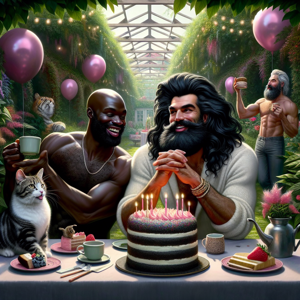 Visualize a delightful birthday scene set in a captivating garden, with foliage ingeniously providing a private party area. Two men are generating joy at the celebration: a Black man with a glossy bald head and a well-groomed beard, and a Middle-Eastern man with extravagant long black hair and a beard. Two cats add to the companionship, one a proud black and white feline, the other a playful tabby. Throughout the setting, indulgent cakes with shimmering frosting under the understated light catch the eye, ready to be savored by attendees, contributing to the homely atmosphere of the garden party.
Generated with these themes: Bald man with a beard , Man with long black hair and a beard , A black and white cat, A tabby cat, A garden full of plants , and Lots of cake .
Made with ❤️ by AI.