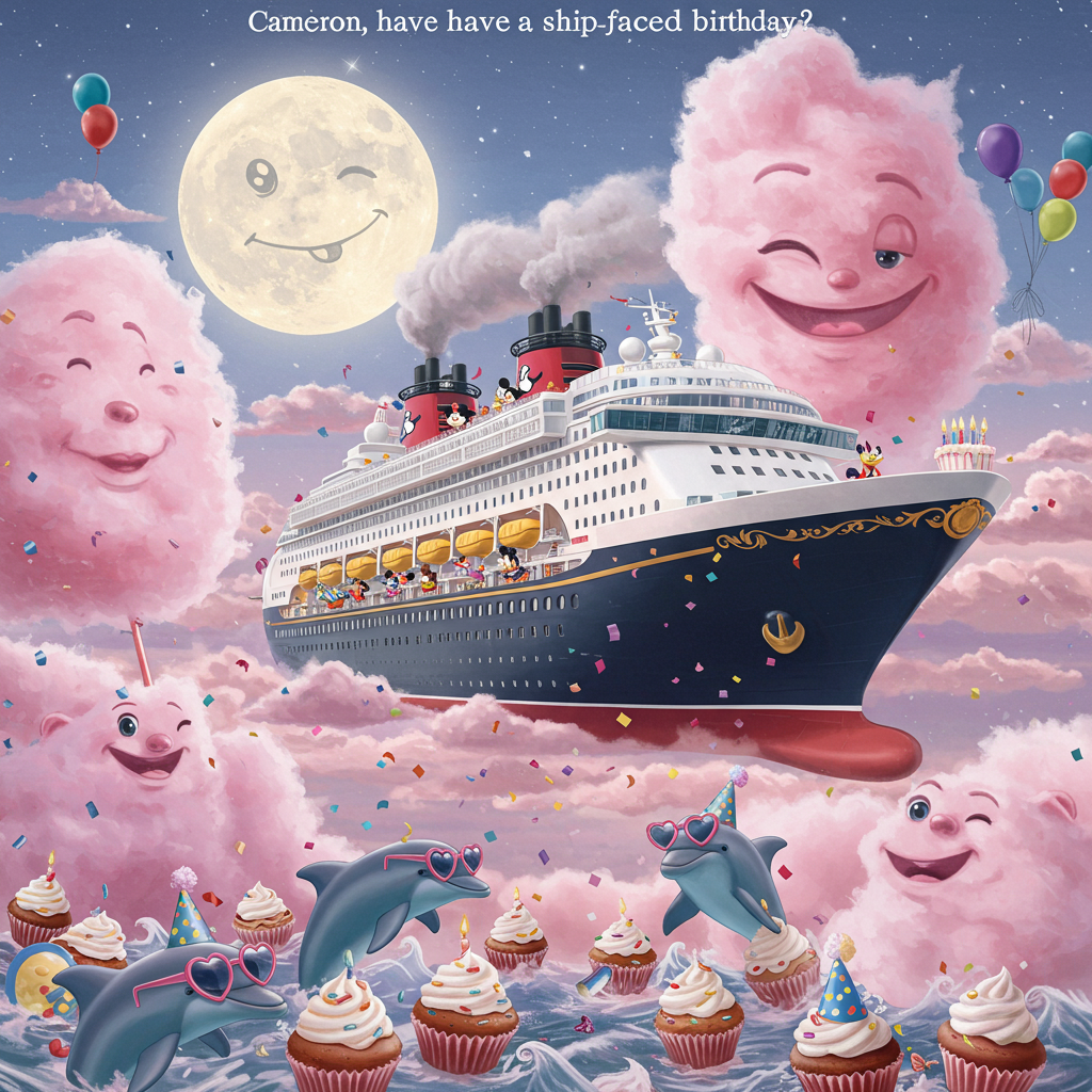 **Prompt:**  
At the top of the illustration image, "Cameron, have a ship-faced birthday!"

**Image Description Prompt:**  
A surreal, dreamy birthday illustration showing a gigantic Disney cruise ship floating in the sky among fluffy pink cotton candy clouds. Instead of water, the ship sails through a glittering galaxy of confetti and balloons. Classic Disney characters wear birthday hats and serve cake from portholes, while a giant, grinning birthday candle rises like a smokestack from the ship's center. Below, dolphins in party sunglasses bounce cupcakes across starry waves of whipped cream. A full moon shaped like Mickey Mouse beams above, wearing a party hat and winking at the viewer. The overall vibe is whimsically surreal and humorously celebratory.
Generated with these themes: Disney cruise.
Made with ❤️ by AI.