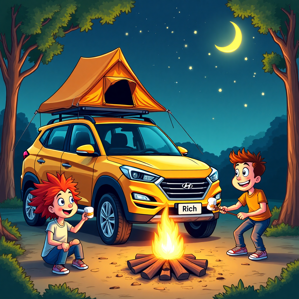 Roof tent , Hyundai tucson, Ginger girl , Brunette man , Campfire , and Birthday Card