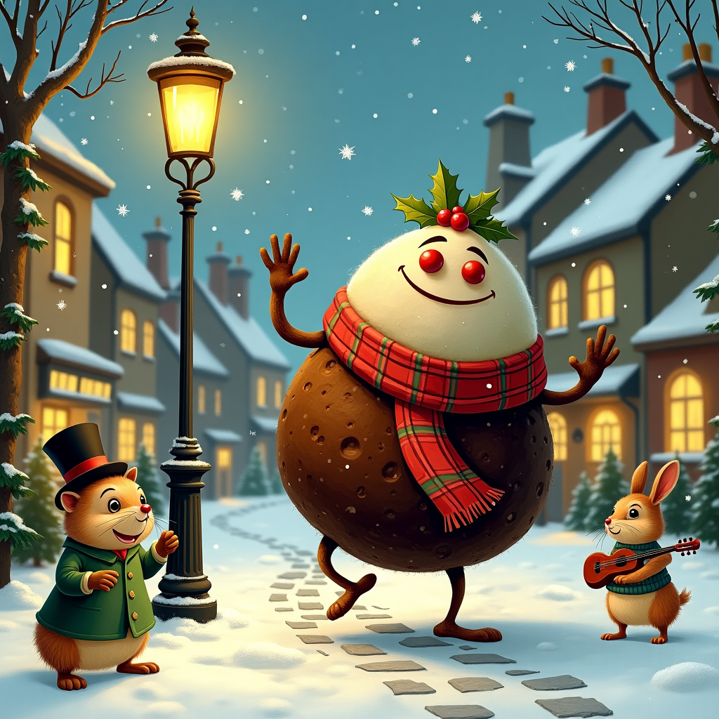 The scene unfolds in a cozy, snow-dusted English village square, where the focal point is an animated, anthropomorphic Christmas pudding. This pudding is whimsically crafted with exaggerated features: oversized raisin eyes, a candied cherry nose, and a beaming smile made from icing sugar. It's donned in a festive red and green plaid scarf, its spherical body balancing precariously on tiny, chocolate legs. The pudding is engaged in a lively dance, twirling merrily around a grand, vintage lamppost that casts a warm glow over the cobblestone street. Snowflakes flutter gently from the sky, landing softly on the pudding’s brandy-soaked top.

Nearby, a group of woodland creatures, dressed in Victorian-style attire reminiscent of Beatrix Potter's charming characters, are gathered. A hedgehog in a top hat and monocle tips his hat, while a rabbit in a velvet waistcoat claps along to the beat. A squirrel, wearing a knitted vest, holds a tiny violin, ready to join the festive cheer. Behind them, a backdrop of charming, half-timbered houses with twinkling Christmas lights frames the scene, their windows glowing with the silhouettes of curious onlookers.

Adding a playful twist, a gust of wind catches a stray sprig of holly, which playfully attaches itself atop the pudding’s head, as if crowning it with a festive tiara. The entire scene is dusted with the fine, delicate lines inspired by Aubrey Beardsley, combined with the whimsical storytelling style of Quentin Blake, ensuring that the essence of a traditional yet humorously enchanting Christmas is captured in this delightful card illustration.
Generated with these themes: Christmas pudding.
Made with ❤️ by AI.