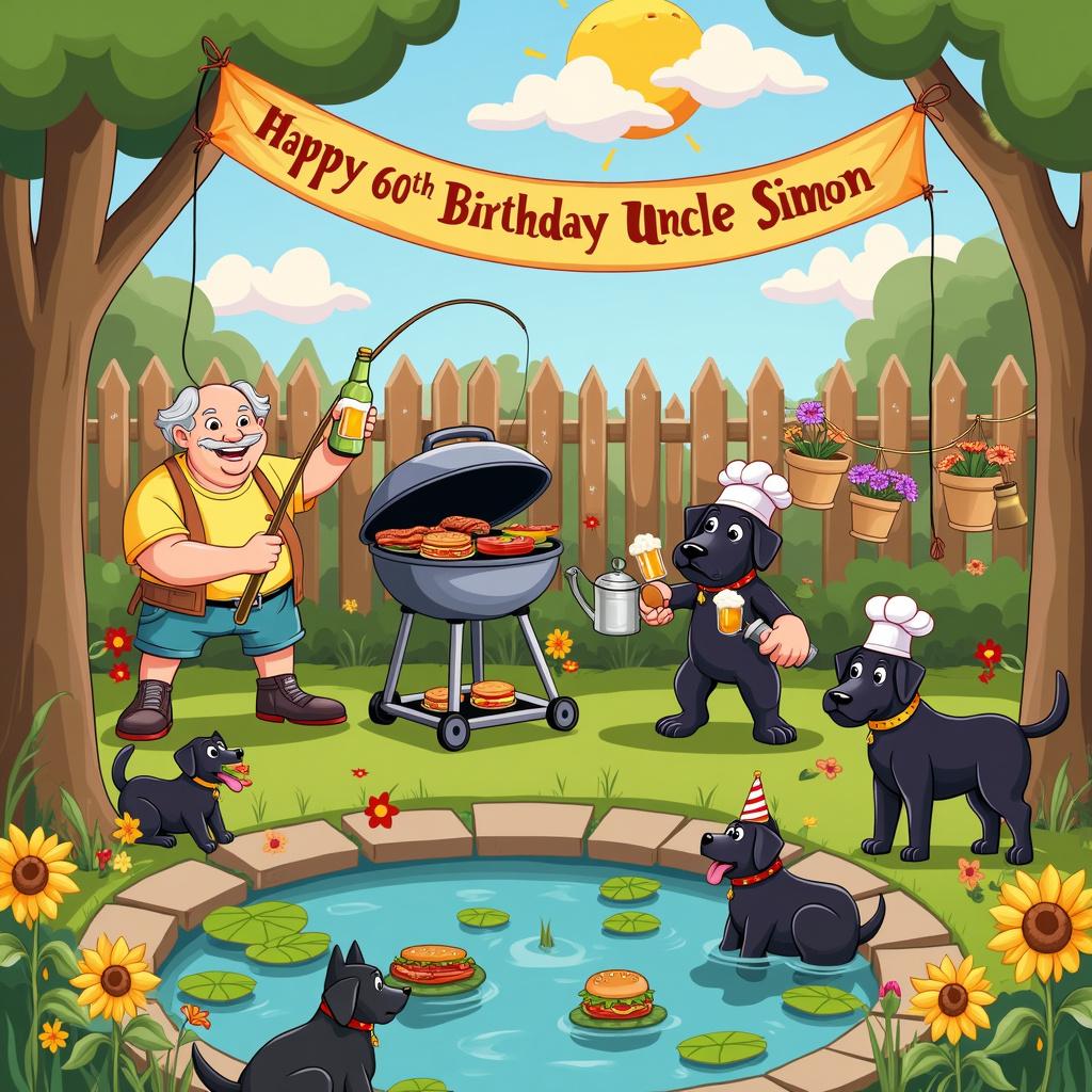 The scene unfolds in a whimsical backyard garden on a sunny day, where a large banner reading "Happy 60th Birthday Uncle Simon" is strung between two tall sunflowers. To the left, a cartoon version of Uncle Simon is joyfully fishing in a small, well-decorated pond dotted with lily pads and frogs. He holds a fishing rod with a beer bottle hooked on the line, while a playful black Labrador tugs at his pant leg. In the center of the garden, a barbecue grill is sizzling with a selection of delicious foods, including burgers, sausages, and vegetables. Next to the grill, a gonk—mythical creatures resembling garden gnomes—dons a chef's hat and flips burgers cheerfully with a spatula. To the right, Uncle Simon is seen tending to a vibrant row of flowers, watering can in one hand and a beer in the other. Above, fluffy clouds shaped like garden tools and fishing gear float lazily across the sky. Scattered throughout the scene are several more black Labradors, each wearing tiny party hats and playfully sniffing at flowers, their tails wagging with excitement. In the background, a charming picket fence is adorned with hanging pots of blooming flowers, and in the far distance, a cartoon sun with a smiling face beams down on this festive celebration.

Generated with these themes: Fishing, Beer, Gardening, Cooking, Black Labradors, Gonks, and 60th birthday.  
Made with ❤️ by AI.