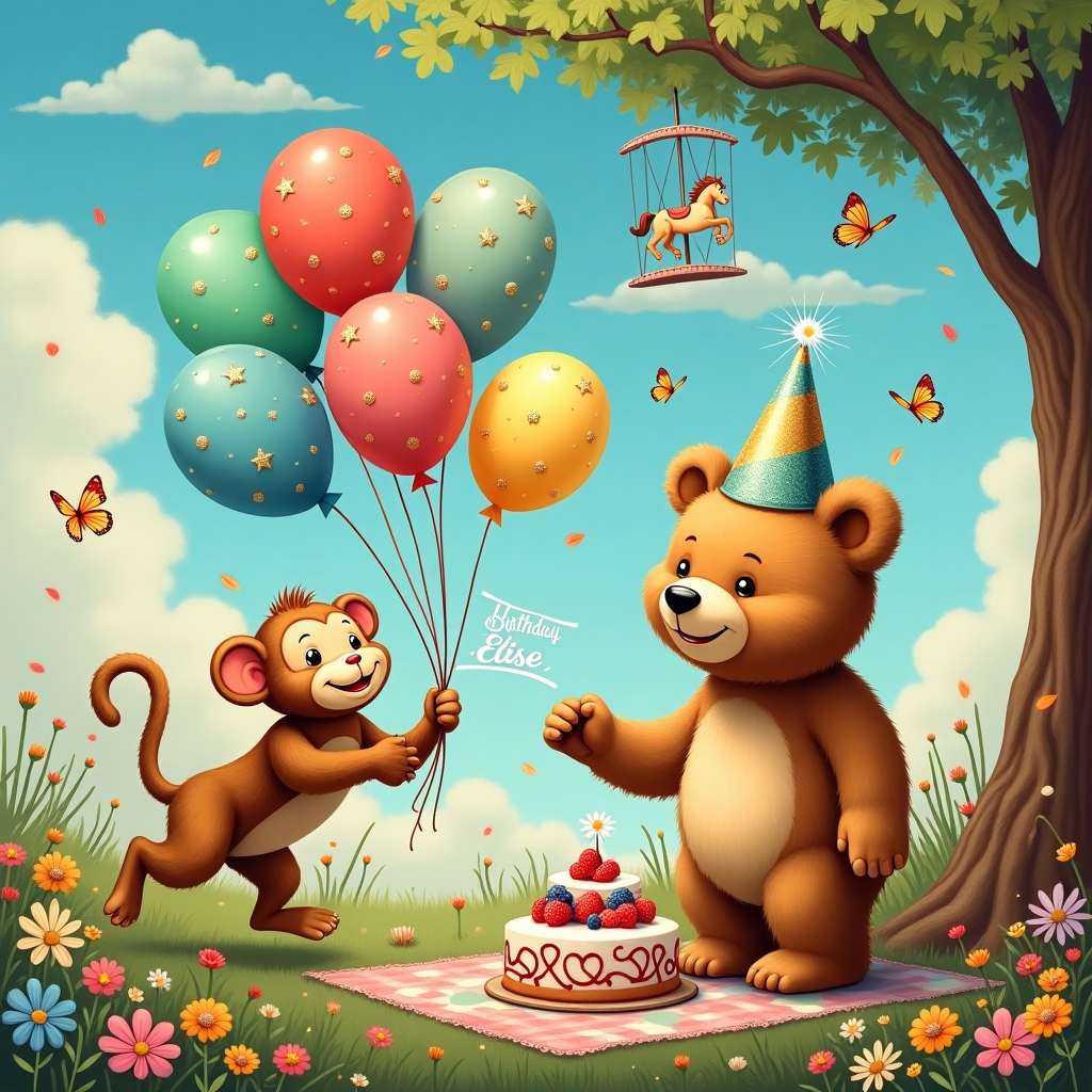 In a whimsical meadow brimming with vibrant wildflowers, a cuddly bear and a playful monkey are at the heart of a joyous birthday celebration. The bear, with its plush, velvety fur in rich caramel tones, stands upright, beaming with delight. It wears a party hat adorned with glittering stars and stripes in shades of blue and gold. Its paw gently clasps a bouquet of colourful balloons in hues of scarlet, turquoise, and sunshine yellow, each balloon bobbing cheerfully in the gentle breeze. Beside the bear, the mischievous monkey swings from a low-hanging branch of a whimsical, gnarled tree. Its fur is a soft blend of chestnut and golden brown, with a cheeky grin that reveals its playful nature. The monkey holds a vibrant balloon of its own, a shiny emerald green with delicate polka dots.

In the background, an old-fashioned carousel spins slowly, painted in vintage pastels reminiscent of a Norman Rockwell painting. On the carousel, the wooden horses have flowing manes and tails, captured mid-gallop, with intricate details inspired by Arthur Rackham's delicate linework. Above the scene, the sky is a vivid canvas of cerulean blue, with fluffy clouds shaped into playful patterns. Amongst these clouds, the name "Elise" appears whimsically, crafted from soft, candyfloss-like formations, gently drifting by. Below, a charming picnic setup is laid out, featuring a blanket in a patchwork of pastel colours, echoing Beatrix Potter's gentle palette. A cake sits proudly in the centre, decorated with fresh berries and cream, with a tiny banner perched on top reading "Happy Birthday, Elise" in Quentin Blake's lively script.

The scene is infused with enchanting details, from the delicate butterflies fluttering by, each wing painted in a Gustav Doré-esque manner, to the sun casting a warm, Maxfield Parrish glow over the idyllic setting. It's a harmonious blend of classic artistic inspirations, creating a unique and magical birthday greeting for Elise.
Generated with these themes: Cuddly bear and monkey holding colourful ballons.
Made with ❤️ by AI.