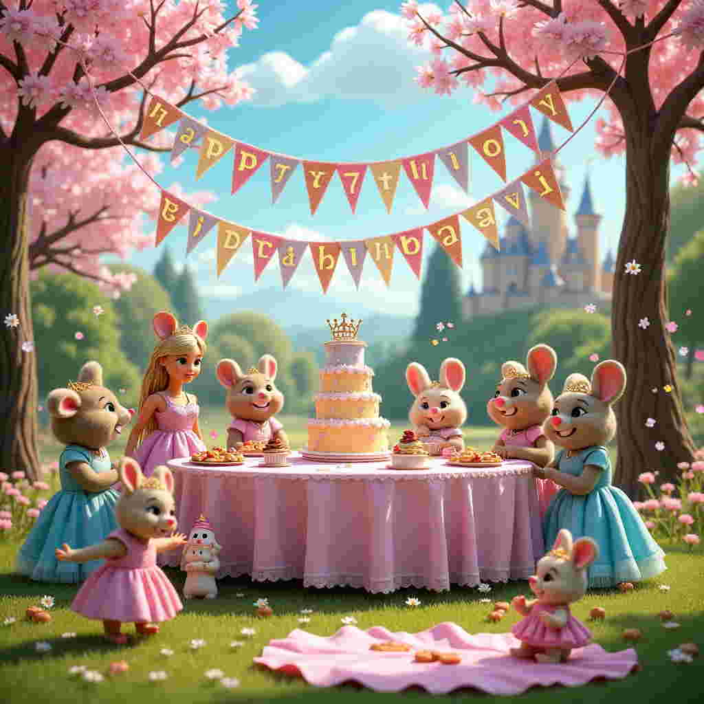 The scene unfolds in a whimsical, enchanted garden, where a lush carpet of grass is sprinkled with daisies and dandelions. At the center, a grand birthday tea party is underway. A long, elegantly set table draped with a pastel pink tablecloth, edged with lace, is laden with colorful cupcakes, fairy cakes, and a majestic, tiered birthday cake. The cake is intricately decorated with fondant figures of Barbie in her glamorous attire, a delicate tiara perched atop her head, standing beside the cake. Next to her, the Wombles, those friendly, furry creatures, are gathered, each holding tiny utensils and donning paper crowns. The Wombles are poised as though they are preparing to dig into the feast, with Orinoco casually leaning against a teapot, his eyes gleaming with delight.

Above this merry gathering, a line of vibrant, multicolored bunting zigzags across the scene, strung between two cherry blossom trees in full bloom. Each triangular flag spells out "Happy 7th Birthday Sophie," with letters crafted from twinkling sequins that catch the sunlight. In the background, a whimsical castle peaks over the treetops, its towers stretching into a sky painted with fluffy, cotton-candy clouds. The clouds form subtle letters, whispering “Sophie” in the sky, making her the princess of this enchanted land.

A group of little princesses, each adorned in shimmering gowns of lavender, sky blue, and golden yellow, complete with glittering tiaras, are seen joyously prancing around the table. One of them, holding a wand with a sparkling star, gently taps a magical bubble hovering over the table, releasing a shower of confetti that adds an extra touch of magic to the birthday celebration. In the foreground, a plush, pink blanket is spread out with toys, including a Barbie dollhouse and tiny Womble figurines, inviting Sophie into her imaginative kingdom on her special day.
Generated with these themes: 7th birthday, Princesses, Barbie, and Wombles.
Made with ❤️ by AI.