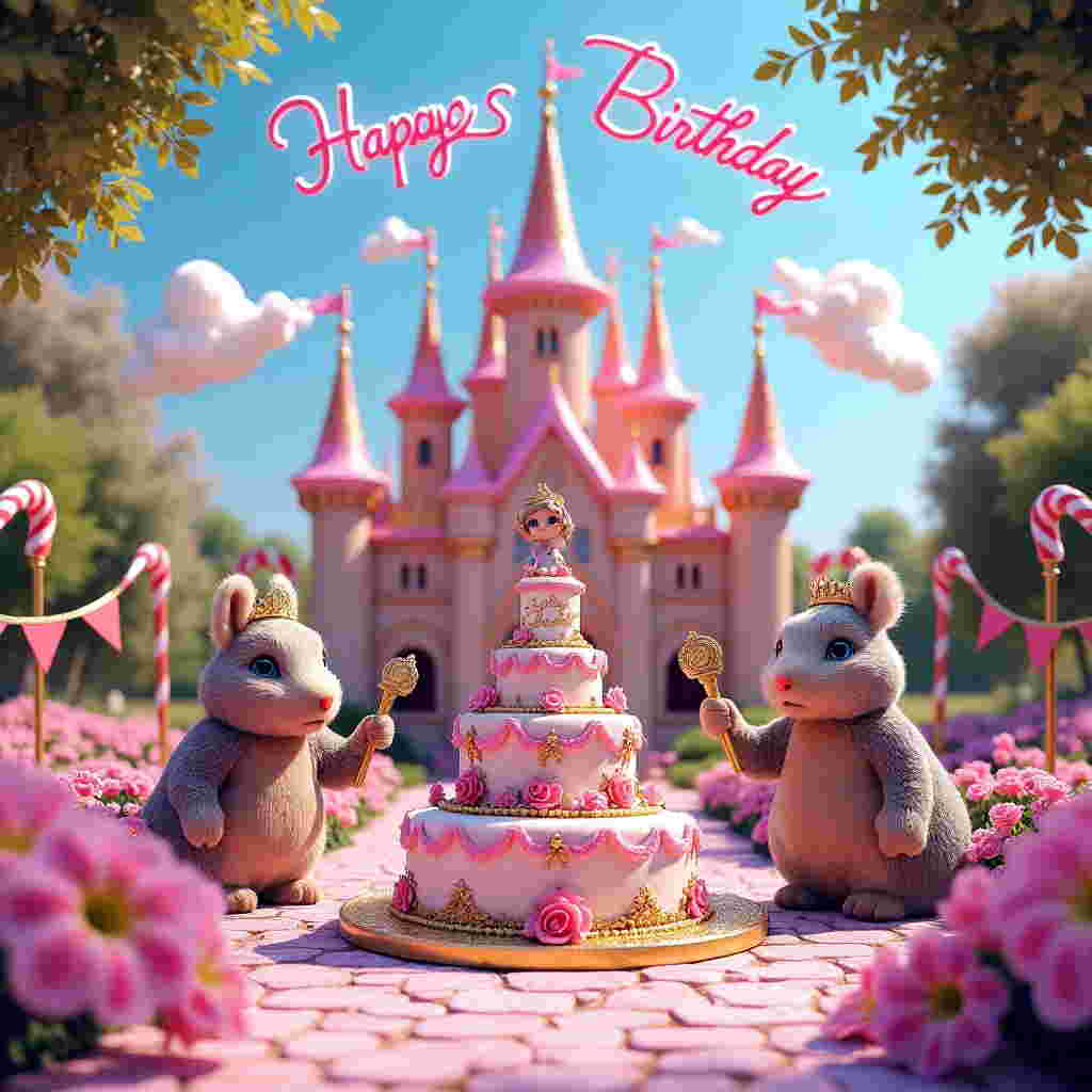 In the enchanting photograph that graces the cover of Sophie's 7th birthday card, the whimsical world of imagination comes alive. The scene unfolds in a magical garden where vibrant pink and lavender flowers border a sparkling cobblestone path. In the center, a grand, life-sized Barbie princess castle made of candy-like pastel turrets and shimmering golden flags catches the eye. Standing guard on either side of the castle gate are two regal Wombles, adorned in tiny velvet capes and crowns, holding scepters that glimmer in the sun.

In front of the castle, a large, multi-tiered birthday cake shaped like a fairy-tale palace sits on an ornate table. The cake is adorned with sugar-crafted princesses and Barbie figurines, their dresses sparkling with edible glitter. Perched on the top tier is a delicate sugar script that reads "Happy 7th Birthday Sophie" with each letter lovingly piped in a swirl of pink frosting.

Floating in the azure sky above the scene, fluffy clouds have formed the shape of Sophie's name, as if magically whispered by the gentle breeze. In the foreground, a vibrant party banner stretches between two candy-cane poles, announcing the celebration with the words "Princess Sophie's Magical Day," embellished with twinkling stars and tiny tiaras. The entire scene is a captivating blend of beloved childhood fantasies, brought together to create an unforgettable birthday tribute just for Sophie.
Generated with these themes: 7th birthday, Princesses, Barbie, and Wombles.
Made with ❤️ by AI.
