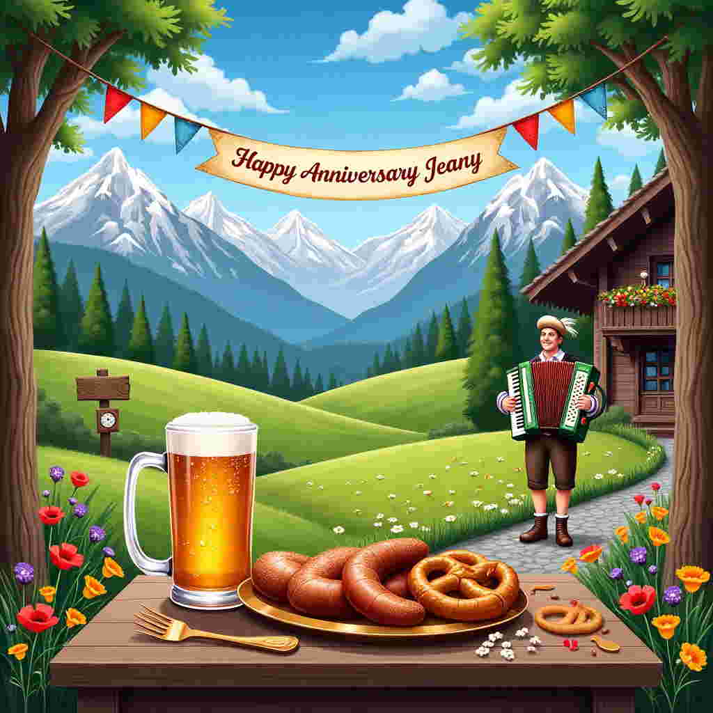 Front and center, a cozy, rustic wooden table is set in a charming alpine meadow. The tabletop boasts a traditional Bavarian feast: plump sausages with glistening grill marks, golden pretzels dusted with salt, and a gleaming tankard of frothy beer, its bubbles catching the sunlight.

In the background, the majestic Bavarian Alps rise up, their snow-capped peaks piercing a vivid, azure sky dotted with fluffy, white clouds. Below, rolling green hills are speckled with colorful wildflowers—crimson poppies, sunny yellow buttercups, and vibrant purple violets—each petal rendered with lifelike precision.

To the right, a traditional Bavarian chalet with dark wooden beams and a flower-box overflowing with bright red geraniums sits nestled against the landscape. 

To the left, a cheerful accordion player in lederhosen stands on a cobblestone path, with a feathered hat perched jauntily on his head. His accordion is painted in rich hues of green and gold, the buttons catching the light.

Above the scene, stretched between two sturdy pine trees, is a string of festive, colorful bunting, each flag a different shade of the rainbow. In the center of the bunting, a large, white banner unfurls, the words "Happy Anniversary Jeany" painted in elegant, looping script, each letter adorned with delicate edelweiss flowers.

The overall composition combines both detailed realism and whimsical elements, creating a scene that captures the essence of the Bavarian Alps and the joy of celebration.
Generated with these themes: Bavarian Alps.
Made with ❤️ by AI.