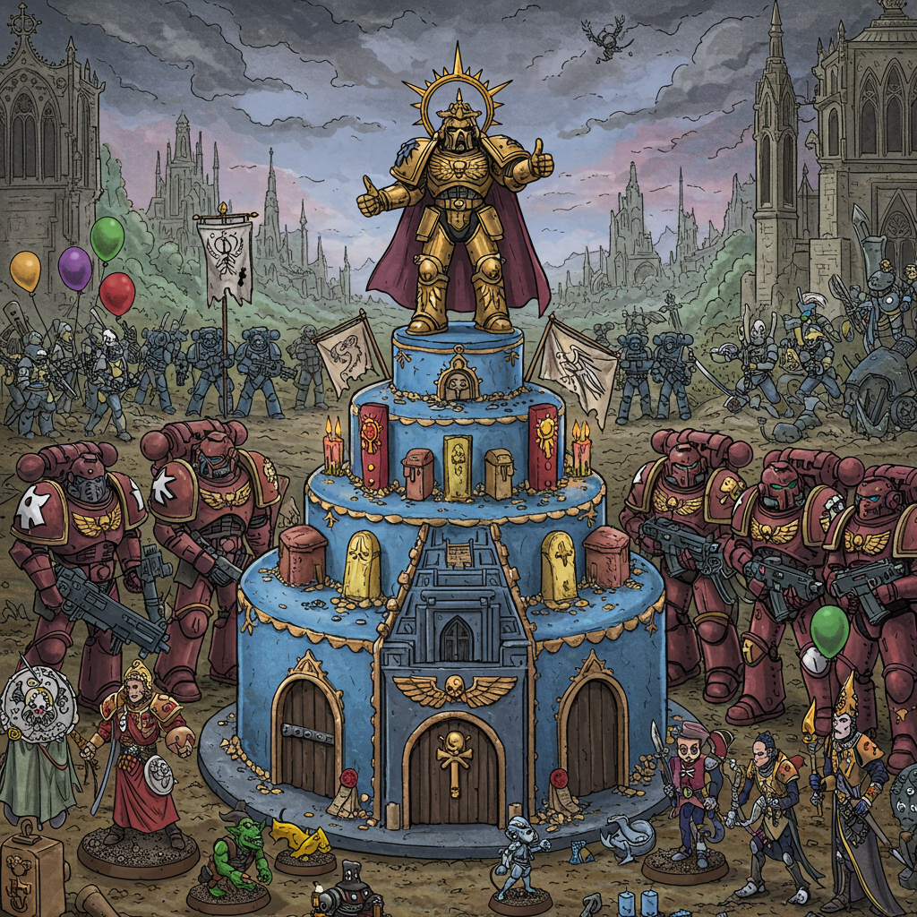 Imagine a detailed, hand-drawn scene capturing the chaotic grandeur of a Warhammer 40k-themed birthday celebration, blending the meticulous intricacies of Edward Gorey with the whimsical touch of Quentin Blake.

Foreground: A vibrant, towering birthday cake sits prominently in the center, shaped like an imperious Warhammer 40k fortress. The cake is armored in layers of rich royal blue and imperial gold frosting, adorned with tiny, hand-painted banners. At the pinnacle of the cake, a miniature figure of the Emperor, adorned in his golden armor, is frozen mid-action, giving an approving thumbs-up. His cape flows dramatically, reminiscent of Maxfield Parrish's color vibrancy.

Midground: A row of Space Marines in full battle regalia, each meticulously detailed with N.C. Wyeth's narrative richness, stand at attention. Their armor is painted in varying shades of deep crimson and steel grey, with patches of vibrant red and green as battle honors. One Marine holds a banner aloft, where the word "JEREM" is emblazoned in bold, gothic letters.

Background: An intricately detailed landscape unfolds, inspired by Arthur Rackham's fairy tale scenes. Gothic spires and monolithic structures rise in the distance, each outlined in the inky precision of Aubrey Beardsley. The sky above is a tumultuous mix of swirling purples and blues, dotted with Maxfield Parrish-esque clouds, adding an ethereal backdrop to the gathering.

Surrounding Elements: Scattered around the base of the cake are playful touches, akin to Maurice Sendak's whimsy—miniature Ork figures, clutching brightly colored balloons, and a trio of Eldar in elaborate costumes, seemingly engaged in a light-hearted squabble over a wrapped present.

This imaginative confluence of styles and themes creates a rich tapestry, where every element is as precise and lush as a Beatrix Potter illustration, inviting the viewer to explore the detailed narrative of this birthday celebration.
Generated with these themes: Warhammer 40k, emperor approve it.
Made with ❤️ by AI.