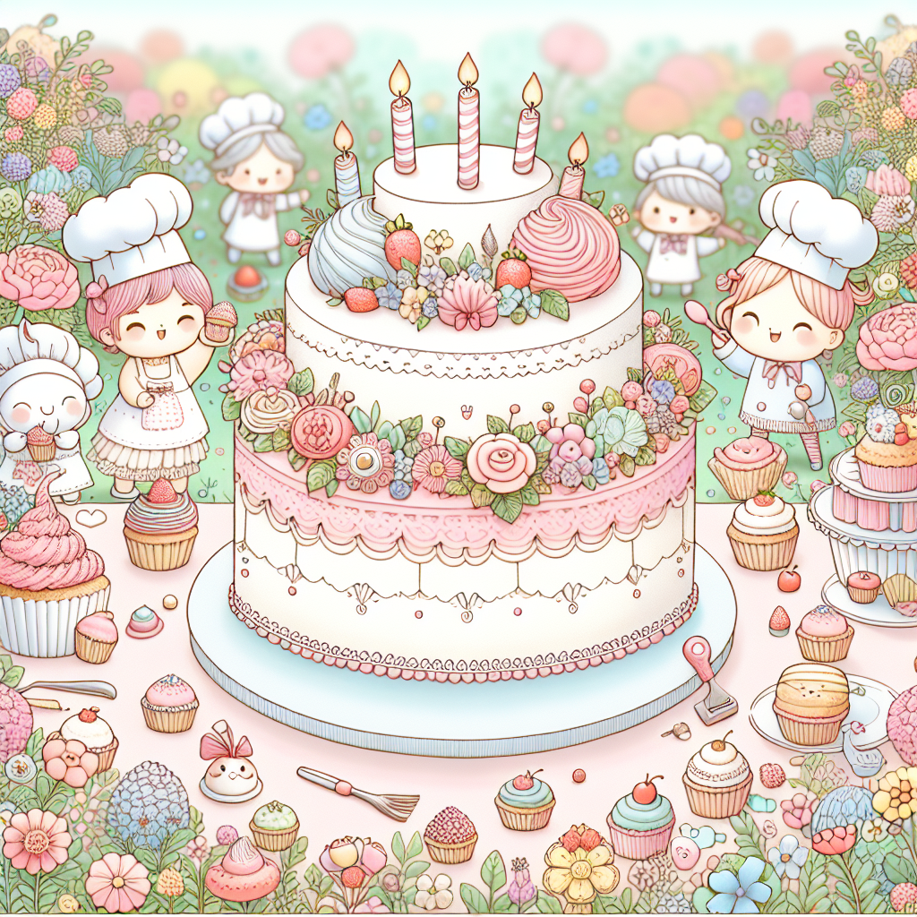 Create a charming birthday-themed illustration with a pastel color palette. At the center of the scene, visualize a whimsically designed cake topped with intricate icing patterns and adorned with edible flowers. Surrounding the cake, picture playful characters with varied descents and genders, donning chef hats, each one holding petite cupcakes or different baking utensils. The background should be a blooming garden filled with an array of different types of flowers, adding a fresh and vibrant ambiance to the overall scene.
Generated with these themes: Baking, and Flowers.
Made with ❤️ by AI.