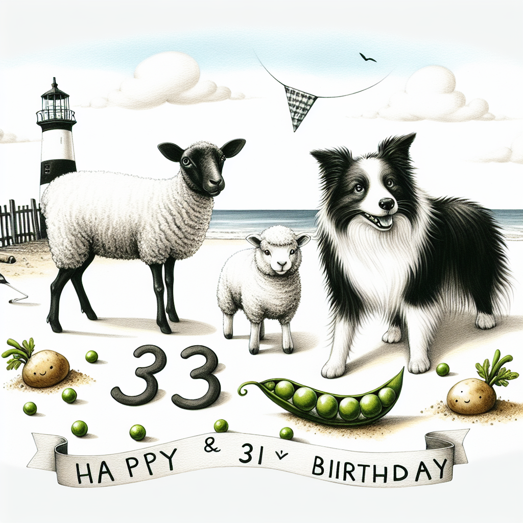 Create a whimsical birthday illustration set on an English seaside. Include three animals in the scene: a black & white cat, a fluffy sheep, and an energetic border collie. These three should be playfully frolicking on the sunny shores. To add to the quaint, rustic charm, intersperse whimsical potatoes and peas around the scene. The number '33' should be subtly integrated into the design, possibly drawn in the sand or as a pattern on a beach towel, adding a playful touch to acknowledge the special occasion.
Generated with these themes: Black & white cat, sheep, border collie, potatoes and peas, England seaside, “33“.
Made with ❤️ by AI.