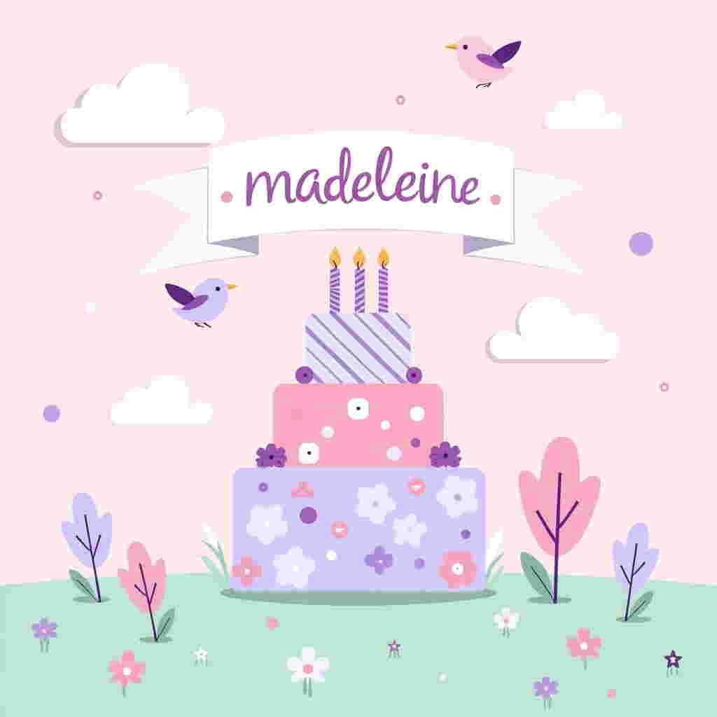 **Card Cover Design Description:**

**Background:**  
A bright, flat pastel sky transitioning from light pink at the top to lavender at the bottom, mimicking a soft gradient sunrise or sunset. Light, fluffy white clouds are scattered throughout the sky, providing a gentle backdrop. 

**Main Elements:**

1. **Birthday Cake:**  
   In the center, a three-tiered birthday cake is depicted using flat shapes and clean lines. The base layer is pastel pink, the middle layer is lavender, and the top layer is white. Each layer is adorned with a different flat pattern, such as diagonal stripes, polka dots, and a chevron pattern, respectively. Delicate flat white flowers with purple centers decorate the base of each tier. The candles on top are purple with white stripes, each with a soft pink flame.

2. **Flowers:**  
   Surrounding the cake and dispersed throughout the scene are stylized flowers. These flowers are flat and simple, with bold outlines. The petals are in shades of pink and purple, with flat white centers. The flowers vary in size, creating a playful scattering effect.

3. **Banner:**  
   Above the cake, a flat banner unfurls across the sky. It is designed in a crisp white with bold, flat purple text reading "madeleine". The banner is held up by two small illustrated birds on either side, one pink and the other purple, both designed with simple geometric shapes and clean lines.

4. **Ground/Foreground:**  
   The ground is a flat, solid strip of mint green to contrast with the pastel background, providing a stable base for the scene. Simple flat flower bushes, in pink and purple, line the base of the card, echoing the flower theme.

**Color Palette:**  
- Pastel Pink (#FADADD)
- Lavender (#E6E6FA)
- White (#FFFFFF)
- Mint Green (#98FF98)
- Purple (#8A2BE2)
- Deep Purple (#6A0DAD)

This design draws on the flat, clean, and crisp line style with playful and geometric elements reminiscent of Yulia Sokolova and Patrick Seymour, blended with the vibrant use of colors similar to Matt W. Moore and Cristiano Siqueira.
Generated with these themes: pink, purple, and white flowers .
Made with ❤️ by AI.