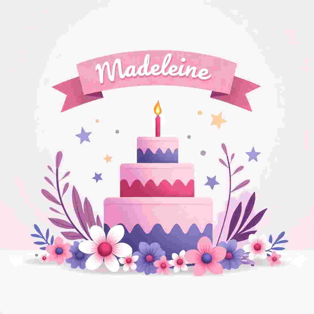 The front cover of the birthday greeting card will feature a vibrant and cheerful scene, illustrated in a clean vector style with flat shapes and crisp lines.

**Background:**
The backdrop will be a soft gradient sky transitioning from a light lavender at the top to a gentle pastel pink at the bottom, creating a dreamy atmosphere.

**Central Elements:**
- **Birthday Cake:** At the center of the card, a three-tiered birthday cake will be depicted in a minimalist style. Each tier will be decorated with alternating stripes of deep pink and purple. The top tier will feature a single, lit candle. 

- **Flowers:** Surrounding the cake, a variety of flat, vector-style flowers will bloom, using a mix of pink, purple, and white. The flowers will have simple, geometric petals, akin to a mandala design. They will be scattered organically around the cake, extending towards the card's edges.

**Additional Features:**
- **Banner:** Above the cake, a flowing ribbon banner will arc across the card, with a clean, elegant design. The banner will be a deep pink color with a subtle purple outline, and will feature the text "Madeleine" in a bold, sans-serif font, colored white for contrast.

- **Decorative Elements:** Small, white vector-style sparkles and stars will be dotted around the scene, adding an extra layer of festivity. 

- **Ground:** The base of the scene will be a simple white, with slight geometric shadowing under the cake and flowers to provide a sense of depth.

This composition will be executed with crisp lines and bold color blocking, drawing inspiration from artists like Malika Favre and Von Glitschka, capturing a modern, clean aesthetic while maintaining a playful and celebratory feel.
Generated with these themes: pink, purple, and white flowers .
Made with ❤️ by AI.