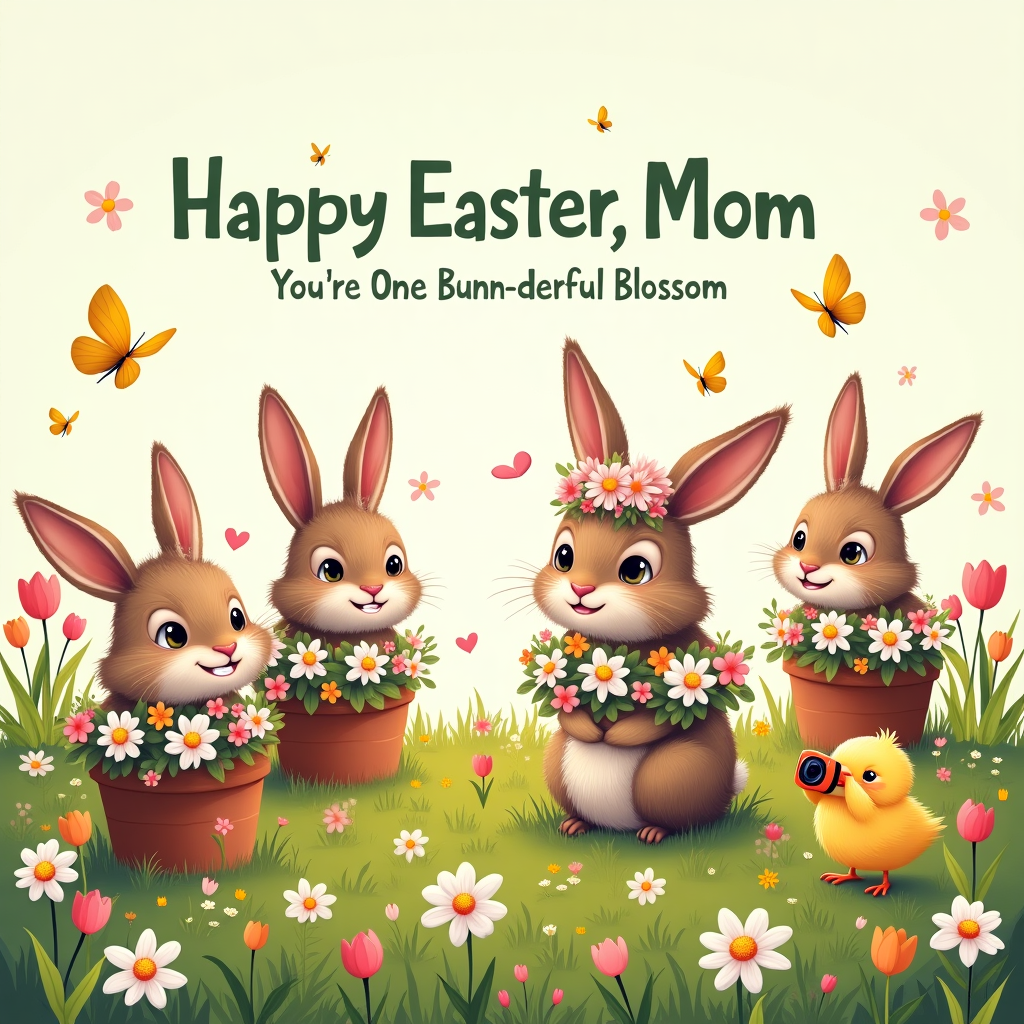 At the top of the illustration image, “Hoppy Easter, Mom—You’re One Bunn-derful Blossom!”

Prompt for image:  
A humorous and vibrant springtime scene bursting with blooming flowers in all colors—daisies, tulips, and daffodils—covering a green meadow. In the center, a gang of quirky, fluffy bunnies with big eyes and cheeky grins are attempting to disguise themselves as flowers. Some have petals stuck to their ears, others are popping out of flower pots wearing floral bonnets. One confused bunny is wrapped entirely in a garland of daisies, looking proudly incognito. A few butterflies giggle in the background while a baby chick snaps pictures of the bunnies with a tiny carrot-shaped camera. The overall vibe is bright, silly, and lovingly chaotic—perfectly Easter, perfectly mom.
Generated with these themes: Flowers and bunnies.
Made with ❤️ by AI.