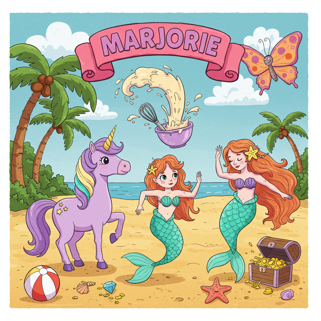 The front cover of the birthday card bursts with a whimsical, cartoon-style scene drenched in vivid, playful colors, reminiscent of classic comic strip artistry.

In the foreground, a unicorn stands on its hind legs, its body a brilliant lavender with a cascading rainbow mane and tail. Its exaggeratedly large eyes sparkle like disco balls, and its horn twists with gleaming gold spirals. Next to the unicorn, a mermaid, with a fishtail shimmering in gradients of aqua and teal, sways rhythmically. Her hair flows like a cascade of copper and gold, adorned with tiny, luminous seashells. She wears a seaweed skirt that twirls around her as she dances.

Above them, fluttering a bit chaotically but with evident determination, is a large butterfly with wings patterned in vibrant orange and purple polka dots. Clutched in its small feet is a mixing bowl, from which an explosion of batter arcs skyward, complete with cartoon-style splatters and drips.

The background is a stylized beach scene with the sand dotted in playful swirls and polka dots. Palm trees with trunks bending comically hold coconuts with tiny faces that seem to watch the merriment below. In the sky, puffy clouds form into whimsical shapes like a laughing dolphin and a grinning sun, adding a dash of fun.

Floating above the trio, a bright pink banner, animated and bouncy in design, displays the word "Marjorie" in bold, comic-style font. The banner seems to be caught in a light breeze, playfully curling its ends.

Scattered on the sand are vibrant beach balls, a treasure chest with jewels popping out, and a comically oversized starfish wearing sunglasses, all enhancing the lively atmosphere.

This greeting card captures a unique blend of playful cartoon style and imaginative fantasy elements, creating a birthday scene where imagination knows no bounds.
Generated with these themes: funny unicorn with a dancing mermaid and a baking betterfly .
Made with ❤️ by AI.