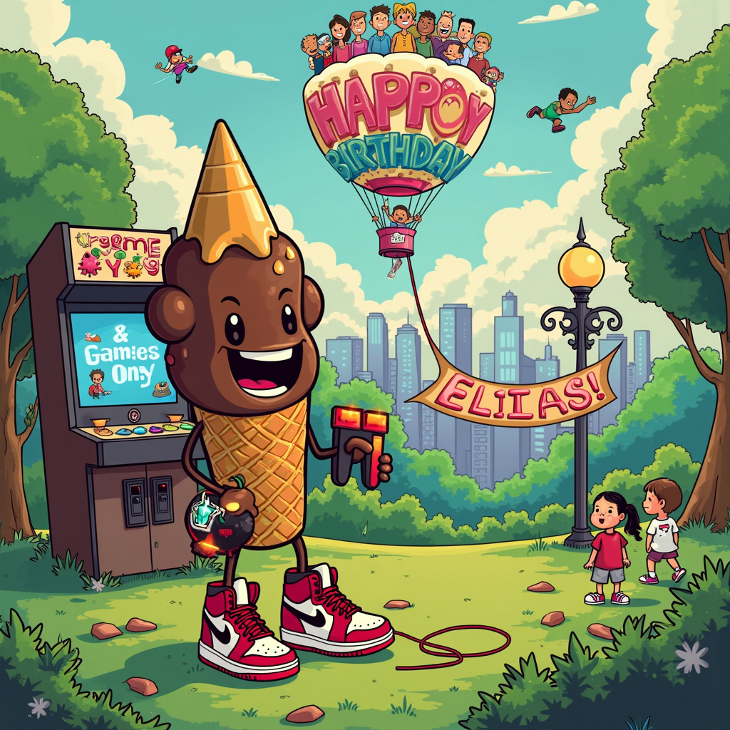 In the foreground of this whimsical birthday scene, set in a lush, fantastical park, a jubilant anthropomorphic chocolate ice cream cone character, wearing a pair of iconic red-and-black Air Jordans, stands proudly. The ice cream cone, with a mischievous grin, holds a gaming controller in one hand and a bright, colorful Prime drink bottle in the other. The gaming controller’s buttons light up in various neon colors, adding a dynamic visual appeal. 

Behind the ice cream cone, a classic gaming console, reminiscent of an arcade machine but adorned with sleek, modern design elements, stands on a patch of soft, verdant grass. The console features a large screen with animated characters that seem to pop out, including pixelated versions of famous characters from various video games, rendered in a way that pays homage to Schulz’s expressive simplicity and Tezuka’s dynamic action.

In the background, a surreal and playful skyline stretches upward, featuring towering chocolate bar skyscrapers and pixelated clouds that spell out "Happy Birthday Elias!" in an arcade font, with each letter designed like a colorful gaming sprite. Above the clouds, a gigantic, friendly birthday cake balloon floats, tethered to the ground by a string held by a group of jubilant cartoon children. These children, in various joyful poses, are reminiscent of Watterson’s energetic Calvin and Hobbes characters, but with the unique twist of each wearing a different style of Air Jordans, from classic designs to the latest trends.

Further back, a vibrant banner hung between two oversized Prime drink bottles (designed as whimsical lampposts) reads "Game On, Elias!" in bold, dynamic letters that mimic the logos of vintage comic books, akin to the playful text treatments in Eisner’s The Spirit.

All around, tiny gaming characters from different genres and eras - from platformers to RPGs - are scattered, interacting with the elements of the scene: climbing the chocolate bar skyscrapers, flying around the Prime drink lampposts, and even playing tag around the jubilant chocolate ice cream cone.

The overall effect is a dazzling, detailed tableau that merges gaming nostalgia with birthday celebration, firmly centered on Elias, whose name is integrated seamlessly into the fantastical elements of the scene.
Generated with these themes: Gaming, Prime drink, Chocolate ice cream, and Air jordans.
Made with ❤️ by AI.