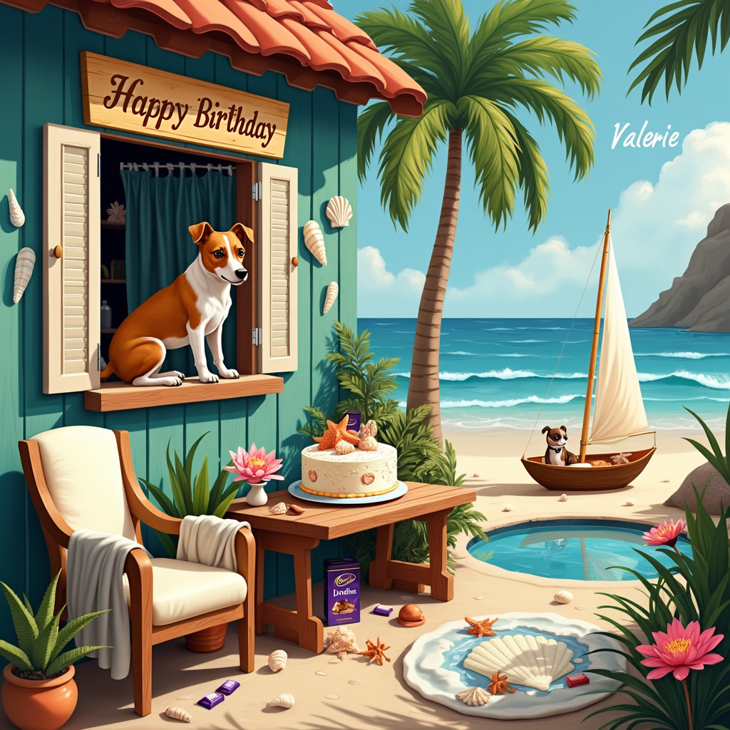 In this lively and intricate birthday scene for Valerie, envision a cozy beachside bungalow with a charming fusion of indoor and outdoor elements. The background showcases a pristine seaside with gentle waves kissing the sandy shore. Palm trees sway slightly in the breeze, and a vivid, hand-painted wooden sign reading "Happy Birthday Valerie" stands proudly at the entrance to the bungalow, surrounded by seashells and beach pebbles.

The foreground reveals a Jack Russell dog, full of energy and curiosity, perched on the windowsill of the bungalow. The dog has a playful stance, with one paw lifted and its tail wagging. Inside the window, you can see a small table adorned with indoor plants like succulents and ferns in whimsical pots—one shaped like a seashell and another like a vintage Cadbury's chocolate tin.

Next to the table is a cozy armchair draped with a beach towel, and on the floor beside it, an opened box of Cadbury's chocolates spills out, with a few wrappers scattered around, suggesting a recent, indulgent snack. A birthday cake sits prominently on the table, frosted in white and decorated with sea-themed elements like starfish and coral, and in elegant icing script, the words "Happy Birthday Valerie" are written across the top.

Above, in the clear blue sky, fluffy white clouds have subtly formed into the letters spelling "Valerie," ensuring her name is whimsically woven into the very fabric of the scene. Nearby, a small wooden sailboat with a Jack Russell figure as the captain sails joyfully in a decorative pond filled with water lilies next to the bungalow, tying the entire beachside, plant-filled, chocolate-sweet scene together perfectly.
Generated with these themes: Jack russell dog, Seaside, Indoor plants, and Cadburys chocolate.
Made with ❤️ by AI.