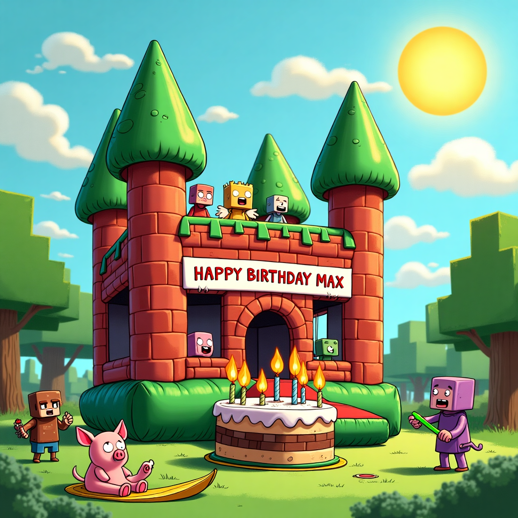 In the bustling scene of a sunny park, we find an Inflatable Minecraft bouncy castle standing proudly in the center, its vibrant pixelated blocks mimicking the iconic game landscape. The castle towers with familiar blocky trees, a pixelated sheep peeking from behind a "dirt" block, and a chicken sitting atop the highest point, all rendered in exaggerated, comical proportions akin to the whimsical style of Charles Schulz and Bill Watterson. Surrounding the bouncy castle, children are dressed in a mixture of Minecraft character costumes, such as Steve, Creepers, and Endermen, leaping joyfully in and out of the castle's entrance, their expressions exaggerated with playful glee in the style of Gary Larson. 

In the foreground, a comical group of cartoon animals, reminiscent of Osamu Tezuka's charming style, are gathered around a pixel-art birthday cake. This cake is designed with digital blocky candles, each alight and flickering with animated, exaggerated flame shapes. Hovering above the cake is a banner crafted from Minecraft-style clouds, which float playfully in the sky. The clouds are shaped to spell out "Happy Birthday Max" with a cheeky pig from the game holding the tail end of the banner with a grin. The sky is dotted with blocky, oversized stars and a bright square sun, all playing into the distinctive Minecraft aesthetic, while echoing the playful absurdity of R. Crumb’s underground comix. 

Nearby, a stylized Steve character is comically slipping on a banana peel, arms flailing, in a nod to Will Eisner’s dramatic flair for motion, while an intrigued Enderman observes from a distance, holding a pixelated flower, adding a touch of the surreal that would make Winsor McCay proud. Each element is bursting with vivid colors and details, bringing this lively birthday scene to life in a way that humorously merges the world of Minecraft with the cartooning influences of the listed artists.
Generated with these themes: Inflatable Minecraft bouncy castle.
Made with ❤️ by AI.