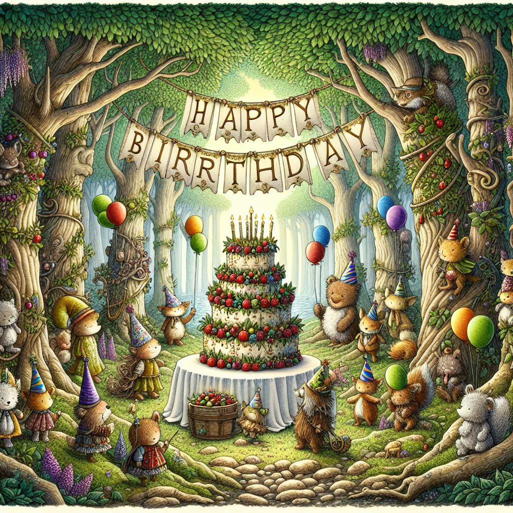 Create an enchanting birthday illustration. It should feature a lively, festive scene at the base of an old, dense forest in the style of medieval Nottingham Forest. At the heart of the scene, a whimsical cake decorated with ripe forest fruits should stand, adorned by a charming, rustic 'Happy Birthday' banner curtained above. Cute, fluffy forest creatures clothed in celebratory hats should be gathered all around, with whimsically drawn trees and abundant sunlight pouring through the canopy, creating a magical atmosphere. The color palette should include a range of lush greens and earthy tones. Add small details to bring the scene to life: balloons tied to tree branches, subtle allusions to legends of Sherwood adding a unique flavor. Make sure the portrayal is born out of a fantasy, avoiding any specific depictions of real or copyrighted characters.
Generated with these themes: Nottingham forest.
Made with ❤️ by AI.