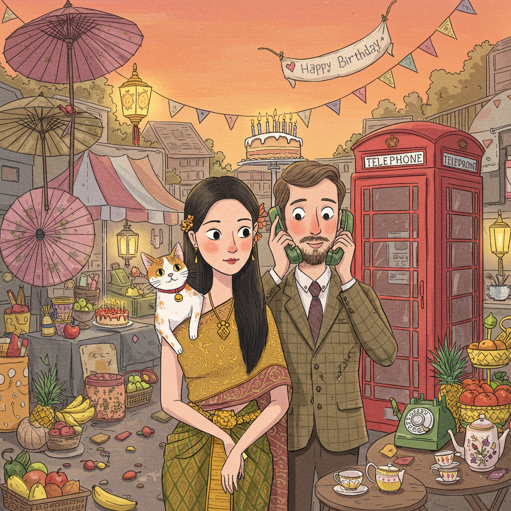 In the foreground of the card, depict a charmingly cluttered Thai street market bustling with vibrantly colored stalls. Set the scene at dusk, where the sky is a blend of orange and pink hues, reflecting the vibrant celebration of a birthday.

In the center, draw a Thai lady with long, flowing black hair, styled elegantly. She is wearing a traditional silk dress in shades of gold and deep green with intricate patterns. Perched on her shoulder is a white cat with ginger and black splodges, wearing a small red collar with a bell. The cat's eyes are big and curious, as it gazes at the scene unfolding.

Standing beside her, illustrate a long-distance English boyfriend with a playful touch of whimsy. He has a slightly scruffy brown beard and is wearing a classic English tweed jacket. He holds a vintage rotary phone, representing the long-distance connection, with the curly cord humorously stretching across the card.

In the background, weave in elements of both Thai and English cultures. On one side, sketch delicate traditional Thai umbrellas, colorful and detailed. On the other, place a classic English red telephone box. Between them, draw a festive birthday cake with lit candles. Above the cake, have a small, playful banner fluttering in the warm breeze, reading "Poppy" in ornate, decorative letters inspired by Aubrey Beardsley.

Scatter around the scene are small details: market lanterns casting a warm glow, baskets filled with tropical fruits, and an ornate teapot placed on a small table, representing a tea-time theme.

Ensure the composition is rich with details reminiscent of the styles of Quentin Blake and Edward Gorey, with expressive line work and a touch of whimsy. The colors should be vivid, capturing the celebratory essence and eclectic blend of cultures in this imaginative birthday scene.
Generated with these themes: Thai lady with long black hair, Thai lady has white cat with ginger and black splodges, red collar and bell, and Long distance English boyfriend with brown beard.
Made with ❤️ by AI.