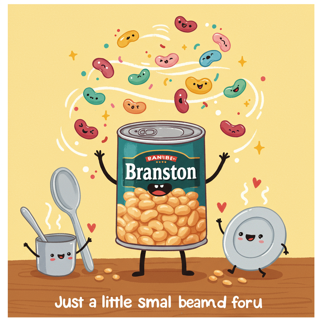 At the bottom of the Cartoon Style image, add the text: "Just a little small bean card for u".

---

Imagine a vibrant and playful scene set in a whimsical kitchen. In the center, there's an animated can of Branston beans, with a cheeky grin and big, expressive eyes. The can has arms and legs, standing triumphantly on a table surrounded by other cute kitchen items like a spoon and a plate, all with cartoonish faces and joyful expressions. 

Above the can, swirling like confetti, are colorful beans bouncing around, each with tiny smiles and winking eyes, as if they're dancing in celebration. The background is a warm, sunny yellow to enhance the cheerful mood, and there are sprinkles of cartoon stars and hearts scattered around, adding a magical touch.

This vibrant image captures the spirit of gratitude in a delightful and lighthearted way, perfect for a thank-you greeting card.
Generated with these themes: Branston beans, and .
Made with ❤️ by AI.