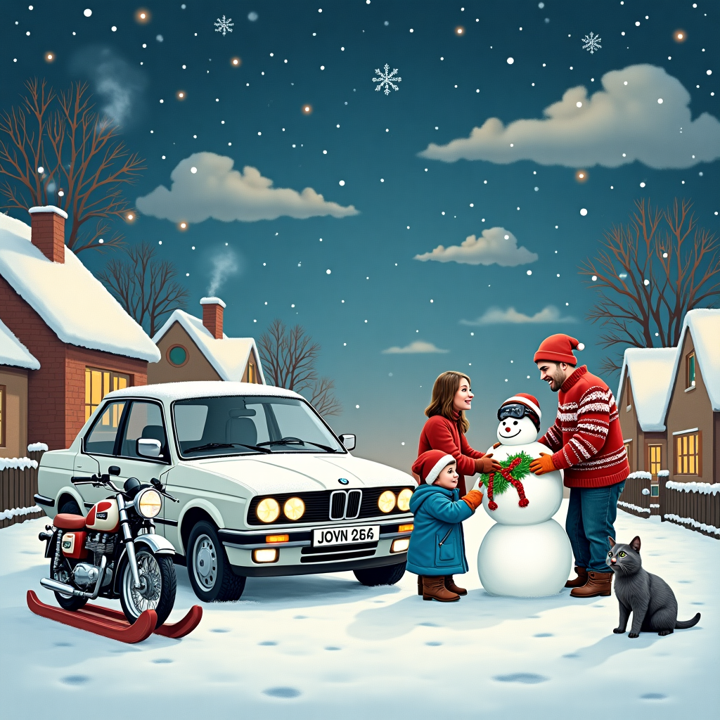 In this whimsical Christmas card scene, imagine a cozy suburban street blanketed with fresh, fluffy snow under a twilight sky speckled with shimmering stars. The centerpiece is a pristine, white BMW parked gracefully beside a snowman family. Its side mirrors sparkle with frost, and a cheeky wreath with a red ribbon is attached to the grille. Nearby, a gleaming motorbike stands with icicles hanging from the handlebars, suggesting recent wintry adventures. 

Standing close to the vehicles are Mum and Dad, warmly dressed in classic Christmas sweaters, with Dad wearing a Santa hat tilted jauntily to one side. They're building a snow fort with their son, Joey, who is wearing a bright blue parka and orange mittens, giggling as he packs snowballs. Next to them, a Russian Blue cat, elegantly fluffy and serene, sits on a sled, watching the chaos with icy blue eyes and a regal air.

The sky is artistically adorned with floating, swirling clouds shaped like snowflakes, and there, written as if stitched from twinkling constellations, are the words "Damon, Anna & Joey - Colby," adding a personal celestial touch to the wintry backdrop. The houses lining the street are decorated with twinkling fairy lights, and smoke wafts gently from chimneys, completing this enchanting, festive tableau with a homely touch.
Generated with these themes: White BMW, Motorbike, Mum, Dad, Son, Christmas , Snow, and Russian blue cat.
Made with ❤️ by AI.