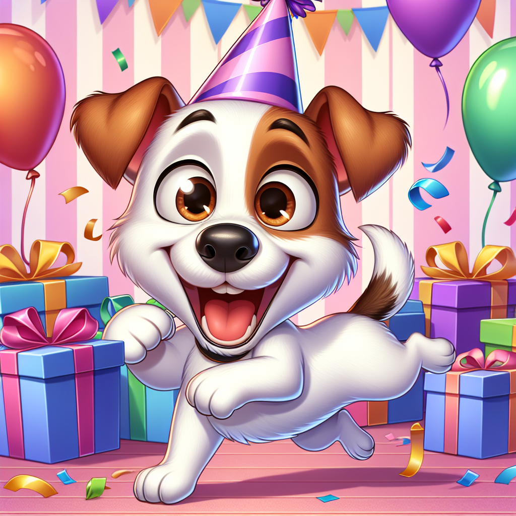 An animate scene from a cartoon birthday celebration featuring an adult Jack Russell Terrier arises. This cute canine has a typical physique and a white coat with an appealing touch of brown spots. As the dog jubilantly prances around, its affectionate brown eyes display pure enthusiasm and it is adorned with a small, comical party hat. There are vividly colored balloons and a heap of wrapped presents setting a lively and jovial mood in the backdrop, contributing to a whimsical and celebratory atmosphere.
.
Made with ❤️ by AI.