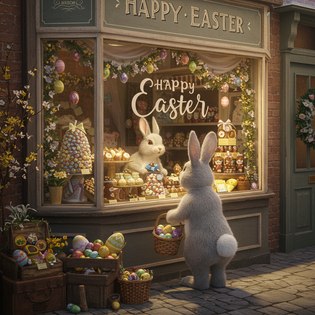 **Prompt:**  
A realistic, heartwarming photograph-style image of an adorable Easter bunny standing outside a quaint, vintage-style chocolate shop. The bunny is holding a woven basket filled with a few colorful Easter eggs and peering curiously through the window, captivated by rows of beautifully wrapped chocolate eggs and treats displayed inside. The shop window is festively decorated with pastel garlands and spring flowers, and above the shop sign, in whimsical, handwritten lettering, the words "Happy Easter" are charmingly displayed. Soft morning light adds a golden glow to the scene, and the atmosphere is irresistibly cute and joyful, perfect for celebrating the Easter season.
Generated with these themes: Easter bunny, Chocolate shop, Easter bunny holding a basket browsing through the window of a chocolate shop full of Easter eggs., and Happy Easter written above the shop.
Made with ❤️ by AI.