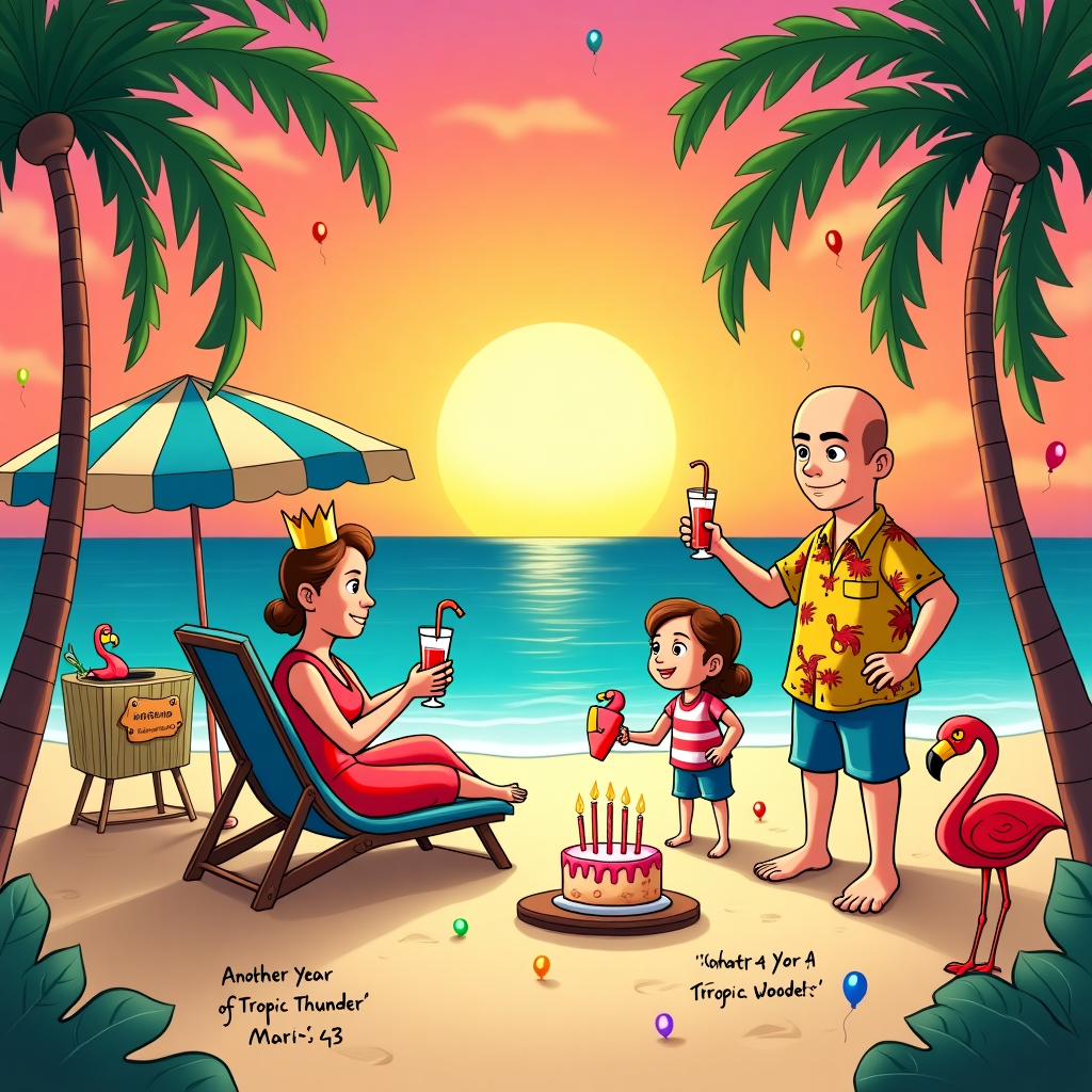 **At the top of the illustration image:**  
🎉 “Marica's 43 — Still Shore to Make Waves!” 🌴

**Image Prompt:**  
A whimsical, illustrated beach scene at sunset on a Floridian coast. In the center, Marica (a fabulous 43-year-old woman) is seated like a queen on a deck chair with a birthday crown slightly crooked on her head, a drink with a silly flamingo straw in hand. She’s flanked by her 11-year-old daughter who is enthusiastically hanging rainbow party streamers between palm trees, and a bald man (her partner) grilling oddly shaped birthday hot dogs with a serious face and wearing a Hawaiian shirt far too loud for the moment.  

Colorful balloons float off into the orange-pink sky, while a banner stretches between two beach umbrellas that says “Another Year of Tropic Thunder!” In the sand, someone has doodled "Happy B-day, Marica!" with a palm frond.  

Off in the background, a confused-looking flamingo peeks over the edge of the tiki bar where a birthday cake (melting in the sun) sits slightly off-center with sparklers instead of candles. The overall vibe is chaotic tropical fun — sunscreen-scented mayhem meets beachy birthday bliss.
Generated with these themes: a family of three with a woman turning 43 a girl of 11 years and a bald man in a floridian tropical place watching the sunset on the beach with festive birthday decorations.
Made with ❤️ by AI.