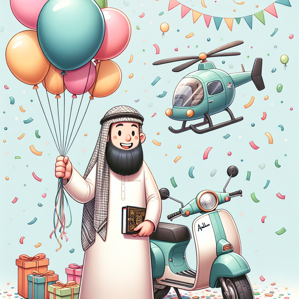 A whimsical birthday illustration showing a cheerful scene with a Middle-Eastern man standing by a motorbike, festive balloons of diverse colors tied to the handle. Flying above is a friendly looking helicopter dispersing confetti all around. The man is holding a religious book in one hand, embodying his beliefs and interests. The background is brimming with soft pastel shades, emblematic of a jubilant celebration.
Generated with these themes: Helicopter, Motorbike, Husband, and Book of mormon .
Made with ❤️ by AI.