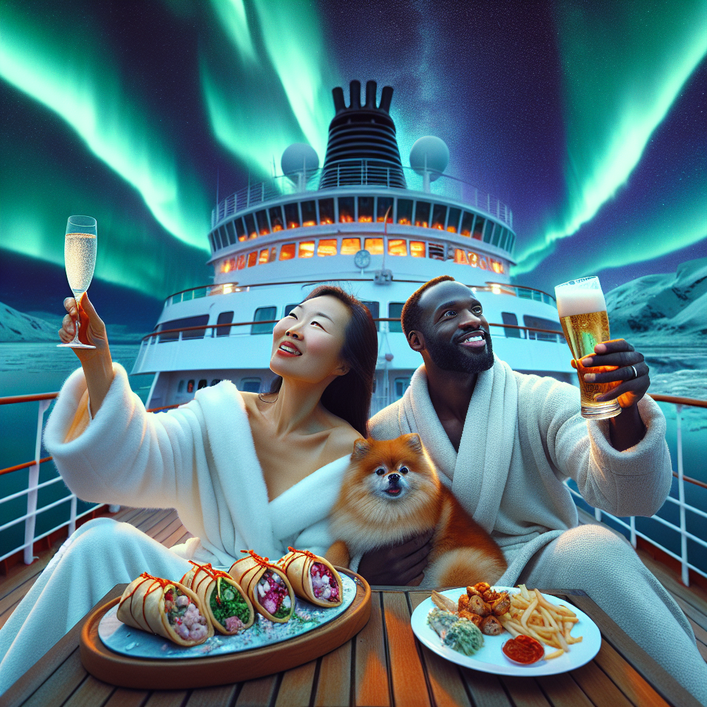 The Aurora Borealis, also known as the Northern Lights, shimmer and sway above a large Norwegian cruise ship in the Arctic Ocean. On its deck, an Asian woman and an African man raise their glasses in toast for their anniversary celebration, a glass of Prosecco and beer in their hands respectively. They share a moment of joy while enjoying a platter of tempting gyros. Snuggled at their feet is their cherished brown Pomeranian, adding to this picture-perfect scene of warmth and love. The scene is suffused with a confluence of romance and the comfort of home, embraced by the breathtaking Arctic spectacle, signifying their strong connection and the exciting journey to come.
Generated with these themes: Brown pomeranian, Prosecco, Beer, Norwegian cruise, Northern lights, and Gyros.
Made with ❤️ by AI.