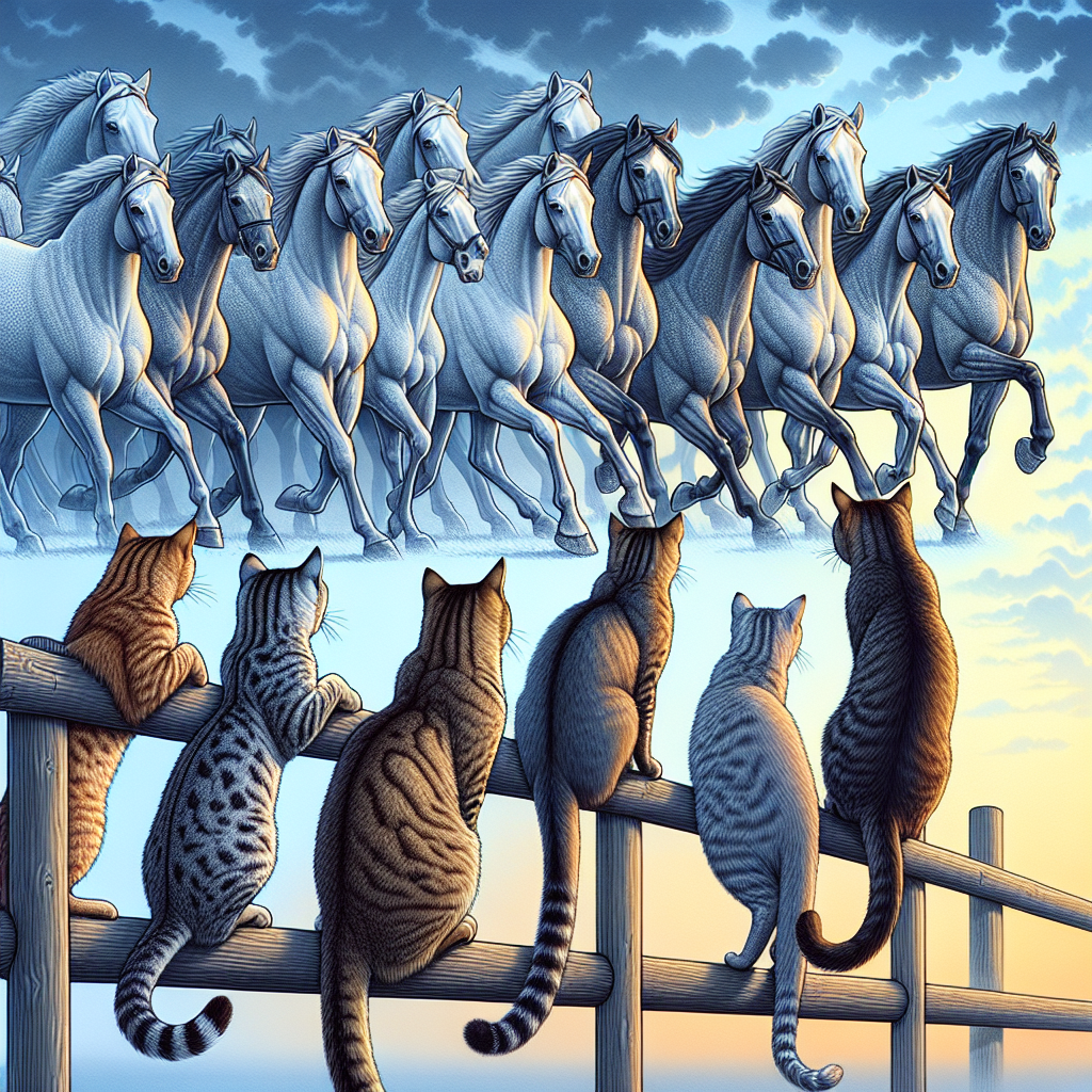 Visualize a striking illustration of a variety of realistic cats, each with distinct fur patterns and expressive eyes, balancing delicately on a well-maintained wooden fence. They are engaged in admiring a parade of powerful, graceful horses of varying breeds trotting by in the middle distance. The sky, blending seamlessly from light to deep blue, symbolizes a serene atmosphere and endless opportunities, making it a fitting tribute to a moment of hard-won celebration.
Generated with these themes: Horses, Cats, and Blue.
Made with ❤️ by AI.