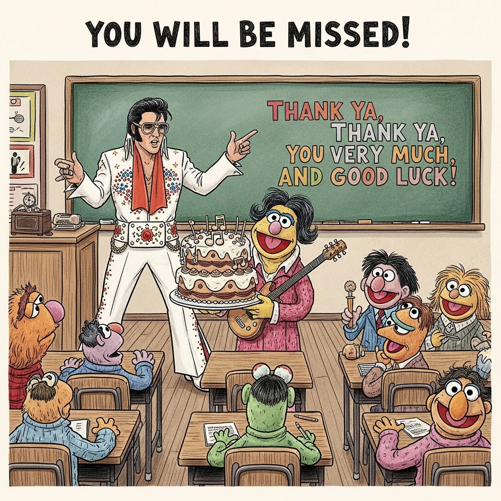 Elvis, Teaching , The muppets , Cake, and Farewell Card
