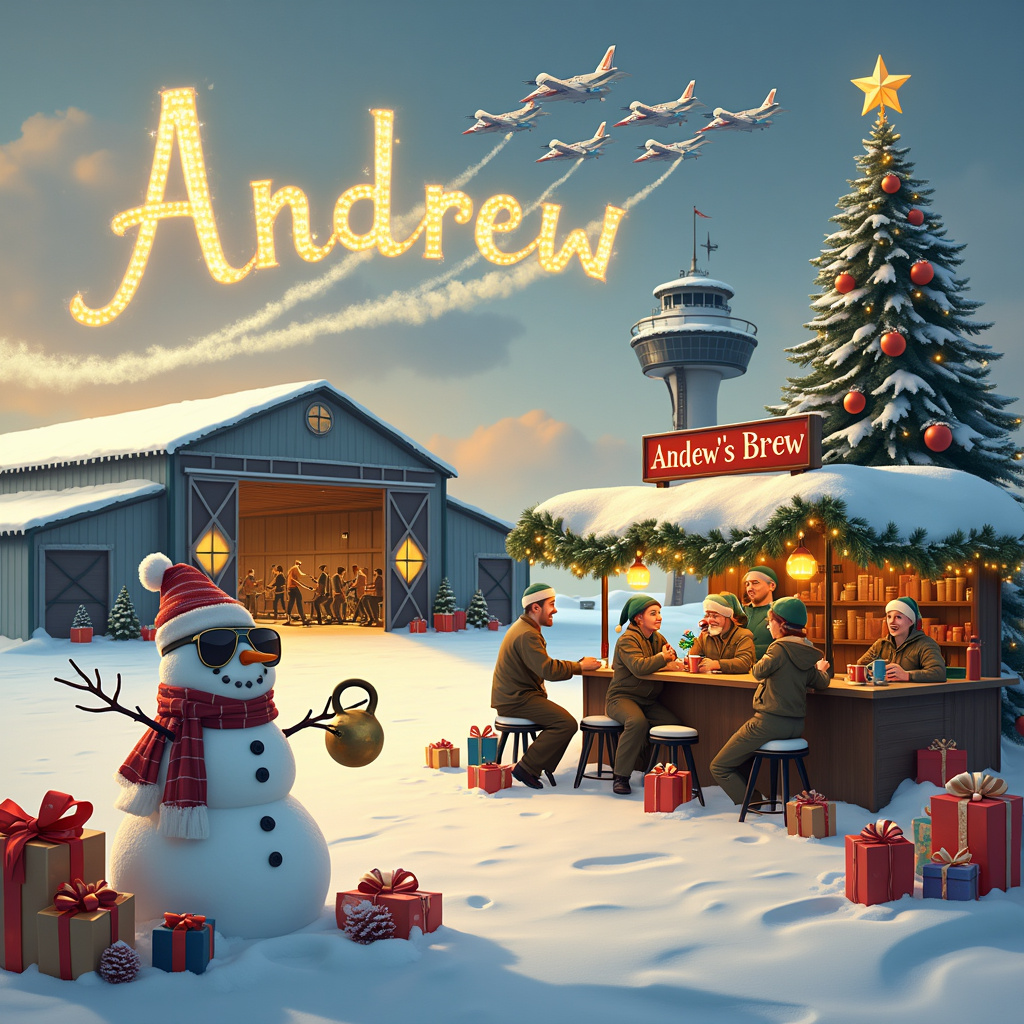 The scene is set at a charming snow-covered airbase on Christmas morning. In the foreground, a Christmas tree decorated with miniature fighter jets, golden barbells, and coffee cup ornaments stands proudly next to a giant snowman wearing aviator sunglasses and a bomber jacket. The snowman holds a kettlebell in one twig arm and a steaming mug of coffee in the other. 

To the left, a vintage airplane hangar is festively adorned with twinkling lights and garlands. Through the open hangar doors, you can see several air force personnel working out on gym equipment: some are lifting weights, while others are running on treadmills, all wearing Santa hats and reindeer antlers.

In the sky, the word "Andrew" is creatively spelled out in smoke trails left by a squadron of jet planes performing a Christmas-themed aerial display. The smoke trails curve and loop gracefully, creating an impressive and festive calligraphy.

To the right, there's a cozy little coffee stand with a sign reading "Andrew's Brew," complete with a barista elf serving hot cocoa and peppermint lattes to a group of air force members gathered around, sharing a laugh and toasting to the holidays. The coffee stand is adorned with tiny wreaths and a string of colorful fairy lights.

The snowy ground is dotted with scattered presents, some of which have parachutes attached as if they were air-dropped. Each present has a tag with names of the air force members, while one prominently large gift box is marked "To: Andrew" in bold, festive letters. 

In the background, the control tower is wrapped in a giant red ribbon like a gift, with more jet planes flying overhead, leaving behind a trail of glittering snowflakes that gently fall to the ground.
Generated with these themes: air force, working out, coffee.
Made with ❤️ by AI.