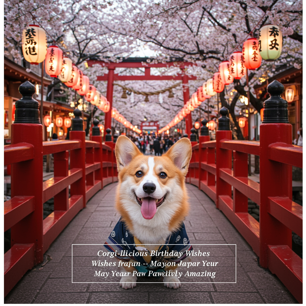 **Image Prompt:**

Picture this: A wide-angle shot of a bustling Japanese street during a vibrant festival. In the foreground, a cheerful corgi, dressed in a miniature samurai outfit, eagerly peeks over a traditional red bridge. The background is a beautiful blur of colorful lanterns and cherry blossom trees in full bloom, all captured in stunning 4K UHD detail. The corgi’s tongue playfully hangs out as if it's laughing at an inside joke.

To add to the fun, a small caption in the corner reads: "Corgi-licious Birthday Wishes from Japan – May Your Year Be Paw-sitively Amazing!"

This image will capture the spirit of celebration with a humorous twist, perfect for bringing a smile to the birthday celebrant’s face.
Generated with these themes: Japan, Corgi , and .
Made with ❤️ by AI.