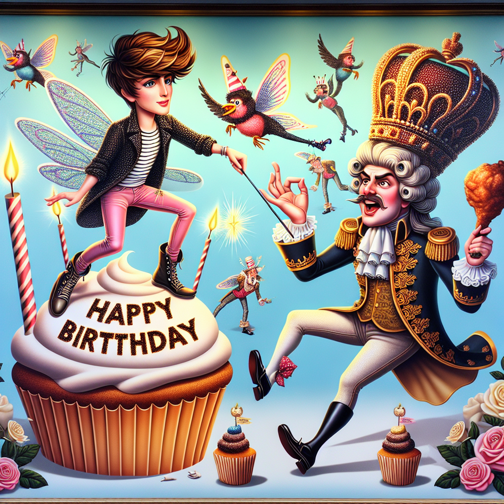 Show an enchanting birthday spectacle where a charming figurine with swooping hair and stylish clothes, akin to an exciting pop artist, twinkles atop a cupcake, embodying the persona of a fairy on a magical birthday cake. Next to him, a cartoonish figure resembling a famous historical monarch, clad in a hilariously oversized birthday hat, wields a turkey leg as if it's a conductor's baton, directing an ensemble of cupcakes that appears to be chirping 'Happy Birthday'. The graphic is bordered by an arrangement of flowers and archaic English roses, fusing the modern and historical themes in an adorably charming environment.
Generated with these themes: Harry styles, and Henry the eighth .
Made with ❤️ by AI.