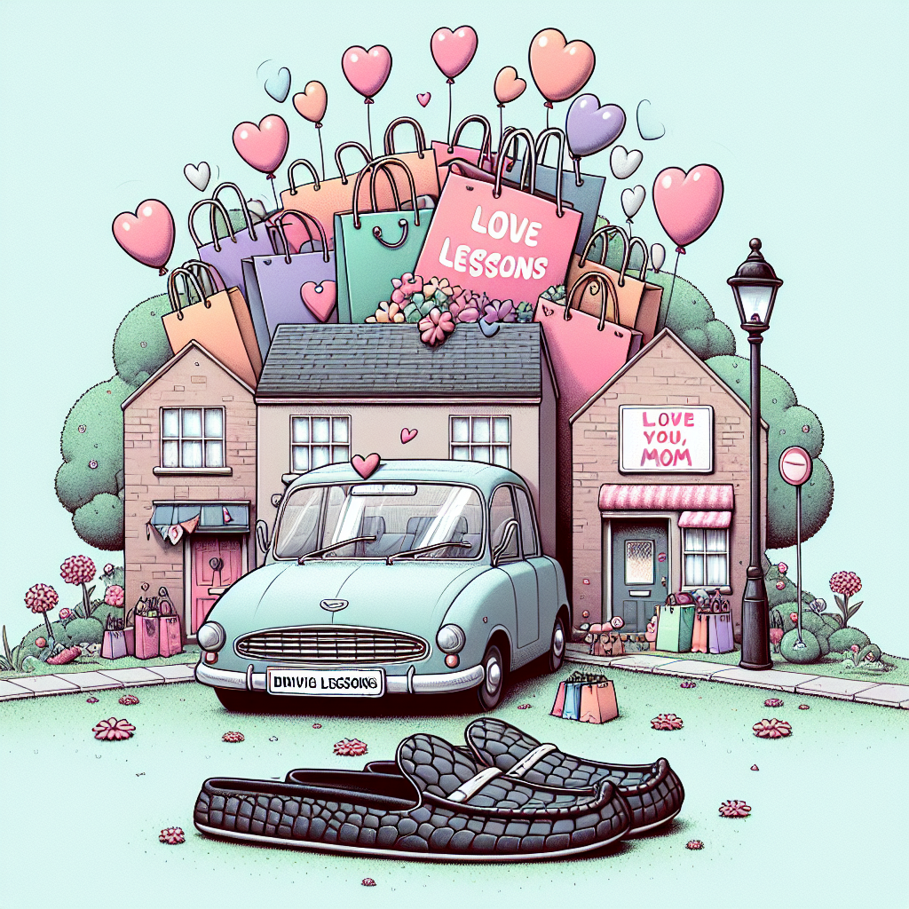 Imagine an endearing cartoonish neighborhood. At the heart of this scene sits a well-parked car in a shade of pastel, with an oversized banner marked 'Driving Lessons' conspicuously draped over it. The car seems to be in a festive mood as it's ensconced by an array of lively shopping bags, each one overfilled with fashionable clothing items, delivering the impression of a triumphant shopping adventure. On one side, there's an appealing pair of animated black crocodile-style slip-on shoes, with tiny hearts playfully bubbling over them, signifying a link to Mother's Day. Meanwhile, balloons rise gently into the sky, decorated with the sweet words 'Love You, Mom', crafting a tender backdrop that pays homage to the love and admiration for mothers, without visually representing one.
Generated with these themes: Black crocs , Clothes shopping , and Driving lessons.
Made with ❤️ by AI.