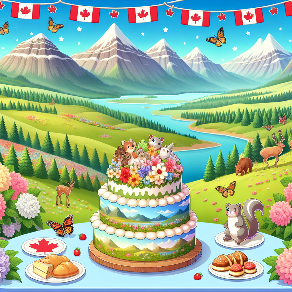 Generate an enchanting cartoon illustration of a birthday setting celebrating Canadian beauty and landscapes. In the center, display a charming cake with layers designed to reflect the rolling hills of Canada, topped with edible decorations resembling butterflies and flowers. Surround the cake with playful Canadian wildlife and miniaturized mountaintops. The backdrop should portray stylized mountains under a serene, clear, blue sky. In the foreground, depict blooming flowers and butterflies fluttering in the breeze, tying the entire festive birthday scene together, paying homage to Canada's diverse natural landscapes.
Generated with these themes: Canada, Cakes, Butterflies, Flowers, and Mountains.
Made with ❤️ by AI.