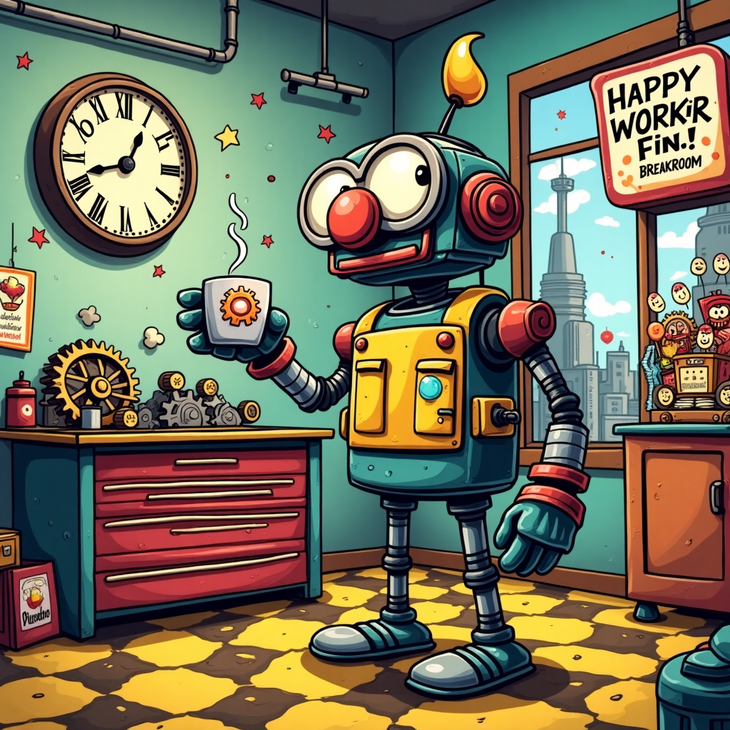 Front and center, imagine a cartoon character who looks like a mix between a factory worker and a whimsical robot, with exaggerated features such as oversized goggles and comically large hands. This character is standing in the middle of a breakroom that’s part factory, part cartoon wonderland.

The character holds a steaming cup of coffee in one hand, while the other hand playfully pokes at a large, gleaming gear resting on the breakroom table. The gear, shiny and metallic, has exaggerated teeth and intricate patterns etched onto its surface. The character's body is made of a patchwork of metallic and colorful panels, reminiscent of a playful android with a brightly painted red nose.

The background features a whimsical, industrial setting. To the left, there's a vintage-style clock on the wall with gears visibly turning behind its glass face. The clock’s numbers are oversized and cartoonishly styled, with the hands forming a quirky spiral. To the right, a small window reveals a view of an exaggeratedly bustling factory floor, where large machines with smiling faces and oversized levers can be seen in motion. Steam puffs and vibrant sparks add to the busy industrial vibe.

Scattered across the breakroom, various cartoonish elements emphasize the breaktime theme. There’s a colorful, overflowing toolbox with tools that have cheerful faces, and a snack machine with animated, dancing snack packets inside. Brightly colored posters with motivational slogans in a mix of whimsical fonts adorn the walls, showcasing gears and cogs interspersed with balloons and confetti.

The color palette is vibrant and lively, featuring bold primary colors—red, blue, yellow—mixed with metallic silvers and coppers, to give the scene an energetic yet industrial vibe. The floor is a checkerboard pattern in bright yellow and black, adding a playful contrast to the scene. Every element is outlined in thick, black lines to emphasize the cartoon style, creating a lively and humorous visual that captures the essence of celebration within an industrial theme.
Generated with these themes: Breaktime, Gears, and Industrial.
Made with ❤️ by AI.
