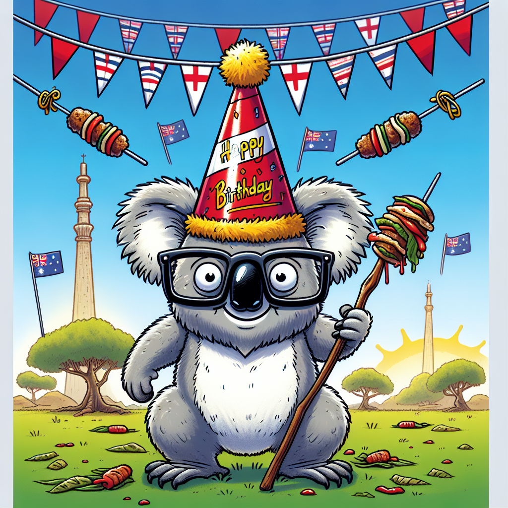 Create an illustration for a birthday card. It should have a lively atmosphere set against the sunny landscape of Australia. In the center, draw a delightful cartoon koala dressed in a party hat that incorporates the colors red and white, which one might associate with a famous English football team. The koala should also hold an antiquated walking stick. Above the scene, draw a string of flags, each decorated with a cartoon depiction of a kebab. The koala should be humorously wearing a pair of exaggerated, comic glasses. This entire image should encapsulate the fun and idiosyncrasy of a birthday celebration.
Generated with these themes: Glasses, Kebab , Manchester United , Walking stick , and Australia.
Made with ❤️ by AI.