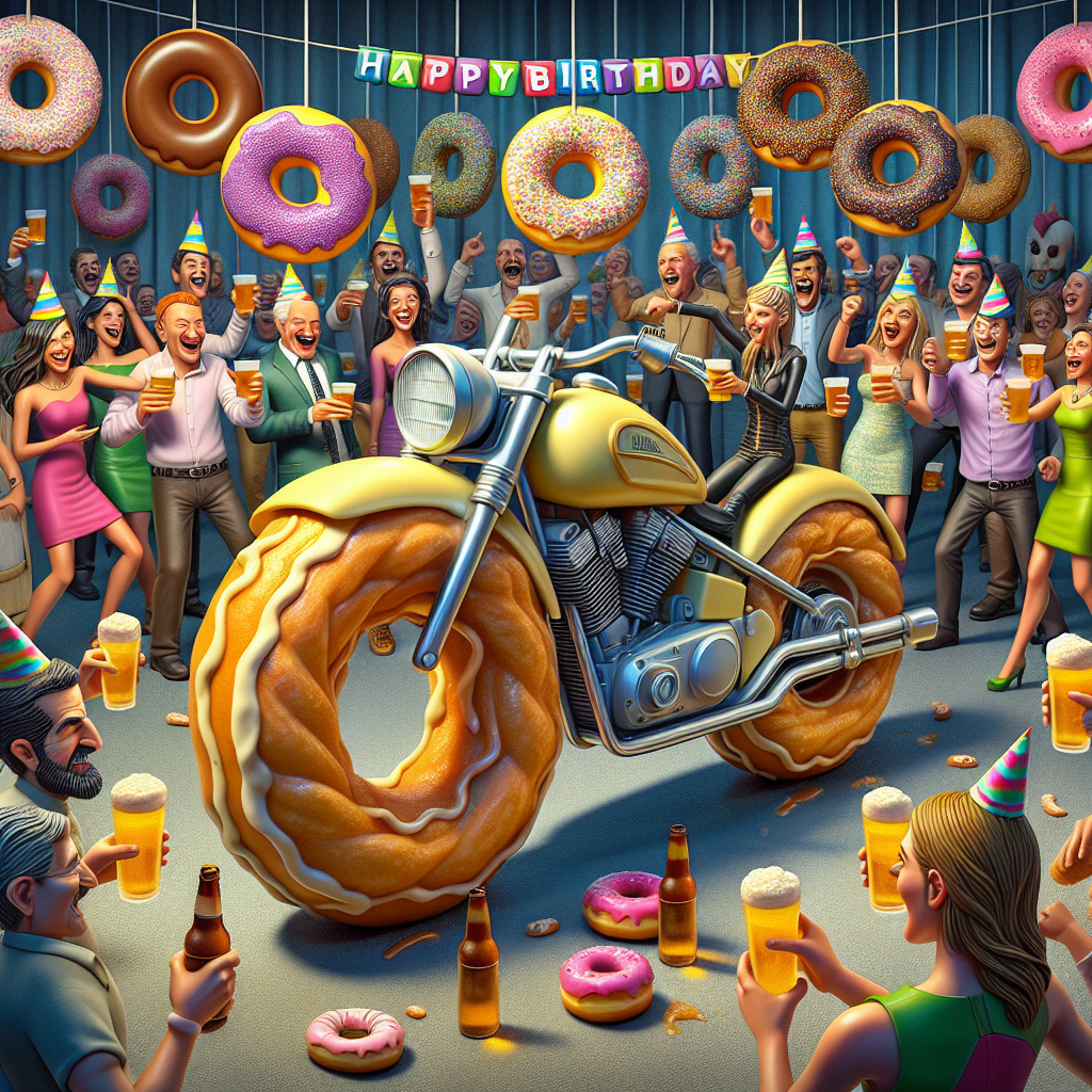 Visualize a lively animated celebration filled with unusual yet amusing party decorations: doughnuts playfully hung around the room, contributing to the unique festive vibe. In the middle of the room, a distinct motorbike, captivating as its wheels are shaped like enormous, glaze-covered doughnuts, draws attention. Animated guests, a mix of Caucasian and South Asian men and women, express mirth, their hands gently striking beer-filled glasses that froth with a golden liquid, while donning colorful party hats. Adding to the whole ambiance, a 'Happy Birthday' banner hangs in the backdrop, with each alphabetic character intricately placed on a differently flavored doughnut.
Generated with these themes: Doughnuts, Motorbikes, and Beer.
Made with ❤️ by AI.