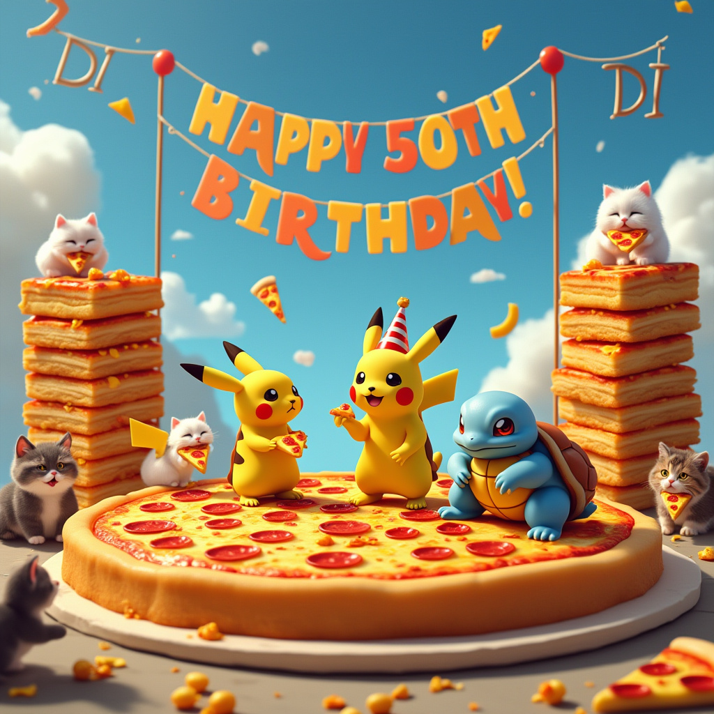 In the center of the card, a whimsical scene unfolds on a sprawling, oversized Jaffa Cake, its golden sponge and orange jelly gleaming in the sunlight. Atop this sweet podium stands Pikachu and Squirtle, each wearing tiny party hats. Pikachu is cheekily holding a lightning bolt-shaped slice of pizza, while Squirtle balances a pepperoni slice on its shell, looking quite pleased. Surrounding them, a playful troop of fluffy cats of various breeds and colors munch on cheesy pizza slices with sheer delight. Each cat has a small triangular slice in its paws or mouth, creating a mosaic of cheese and feline fur. Above this lively tableau, a vivid "Happy 50th Birthday Di!" banner flutters in the breeze, strung between two towering stacks of pepperoni pizza slices on either side of the card. Behind the Jaffa Cake stage, the sky is a brilliant blue, and white fluffy clouds are artfully shaped like letters spelling "Di," floating whimsically in the background. This playful combination of elements creates a vibrant, joyous birthday celebration, perfectly capturing the chaos and charm of such a unique milestone for Di.
Generated with these themes: Pikachu, Cats, Jaffa cake, Pizza, and Pikachu and Squirtle stood on giant Jaffa cake with cats eating pizza and Happy 50th Birthday banner .
Made with ❤️ by AI.