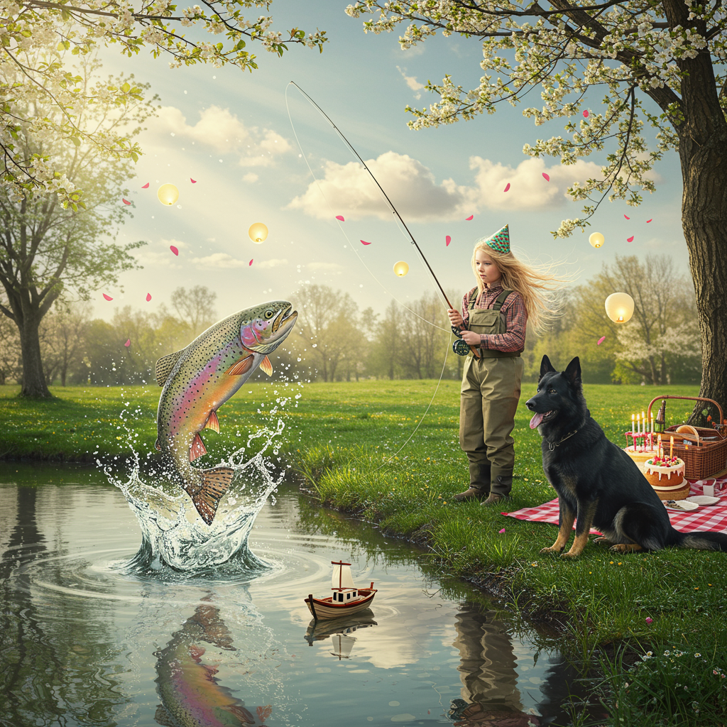**Prompt for a Surreal Birthday-Themed Illustration:**

An early spring scene by a tranquil, mirror-like pond framed with budding trees and a blanket of vibrant, dewy green grass. A whimsical, adventurous girl with long, wispy blonde hair wearing oversized fly-fishing gear stands knee-deep in the glowing water. She’s mid-cast, her fishing line curving through the air like a silver ribbon. A fantastical trout—its scales shimmering in rainbow hues—erupts dramatically from the pond, suspended mid-leap, water droplets sparkling like tiny suns around it.

Floating beside the girl is a miniature, handmade wooden toy boat, bobbing gently, yet somehow giving off an aura of sentience. On the shore, a large, noble black German Shepherd with watchful, amber eyes sits poised, gazing at the splash with intense curiosity. Behind them, beneath the shadow-dappled canopy, a cheerful picnic scene unfurls—an old-fashioned red-checkered blanket cradling an ornate birthday cake topped with glowing, levitating candles that spiral upward as if dancing.

Above, the partly cloudy sky drips with soft pastel sunlight that twists into strange, dreamlike rays, and scattered spring blossoms float in the air, weightless and glowing faintly like lanterns.

The overall atmosphere is serene and dreamlike with touches of playful magic—a surreal celebration at the edge of the waking world.
Generated with these themes: Early spring by a peaceful pond, surrounded by budding trees and fresh green grass., Adventurous girl with wispy blonde hair wearing is fly fishing, A trout is dramatically leaping out of the water near the line, mid-splash, glistening in the sunlight. , Beside her floats a small handmade toy wooden boat. , A loyal black German Shepherd dog sits nearby, watching attentively. , The sky is partly cloudy with soft sunlight., and A picnic blanket with a birthday cake is set up in the background. .
Made with ❤️ by AI.