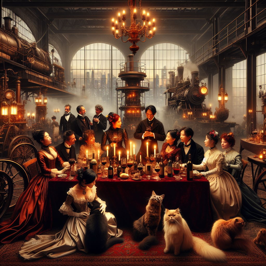 A stunningly anachronistic birthday scene inspired by the industrial age is shown. Amidst steam-powered technology and sepia-toned surroundings, a grand centerpiece is a table draped in dark red velvet. Atop it, bottles of old red wine reflect the warm glow from gaslight chandeliers. Elegant participants, dressed in 19th century attire, are deep in lively talks. In the midst of them, an Asian lesbian woman and a Caucasian lesbian woman share a discreet, tender moment, their laughter mixing with the joyous room atmosphere. Majestic cats of the same era add to the scene's charm, playfully roaming between people's legs and resting on windowsills that expose a view of the complex city skyline.
Generated with these themes: Anno 1800, Red wine, Cats, and Lesbians.
Made with ❤️ by AI.