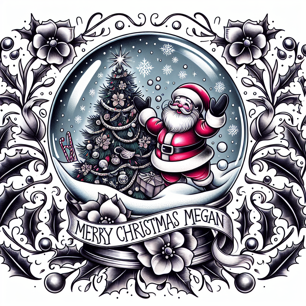 A whimsical tattoo-style illustration showcasing a snowy globe with a rosy-cheeked Santa Claus waving. Inside the globe, delicate snowflakes dance around a charming, festively adorned Christmas tree. Encircling the globe, a banner reads 'Merry Christmas Megan', inked in elegant cursive against a background of holly leaves and berries.
Generated with these themes: Tattoo.
Made with ❤️ by AI.