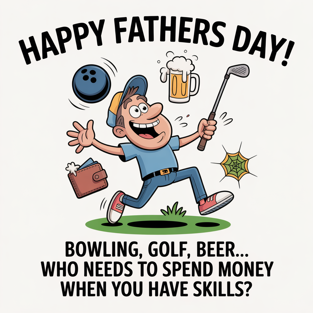 At the top of the image, "Happy Fathers Day!"

At the bottom of the image, "Bowling, Golf, Beer... Who Needs to Spend Money When You Have Skills?"

- In the center of the image, illustrate a comical cartoon scene with an enthusiastic dad juggling a lawn bowling ball, a golf club, and a frothy mug of beer, all while balancing a wallet with a cobweb on it. The dad's grin is wide, and his posture is exaggeratedly energetic, suggesting that he’s having the time of his life without spending a dime!
Generated with these themes: Lawn bowling , Golf, Beer, Not spending money, and .
Made with ❤️ by AI.